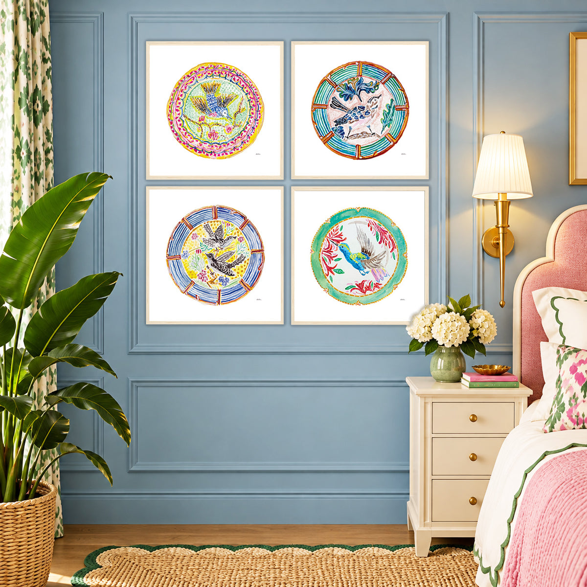 The Pretty Plate Series of paintings by Deb Baker at Trail  East Studio In Ada Michigan featuring antique bird plates with a bluebird, wren, blackbirds, and a hummingbird. The perfect art for a Mahjong Game  Room.