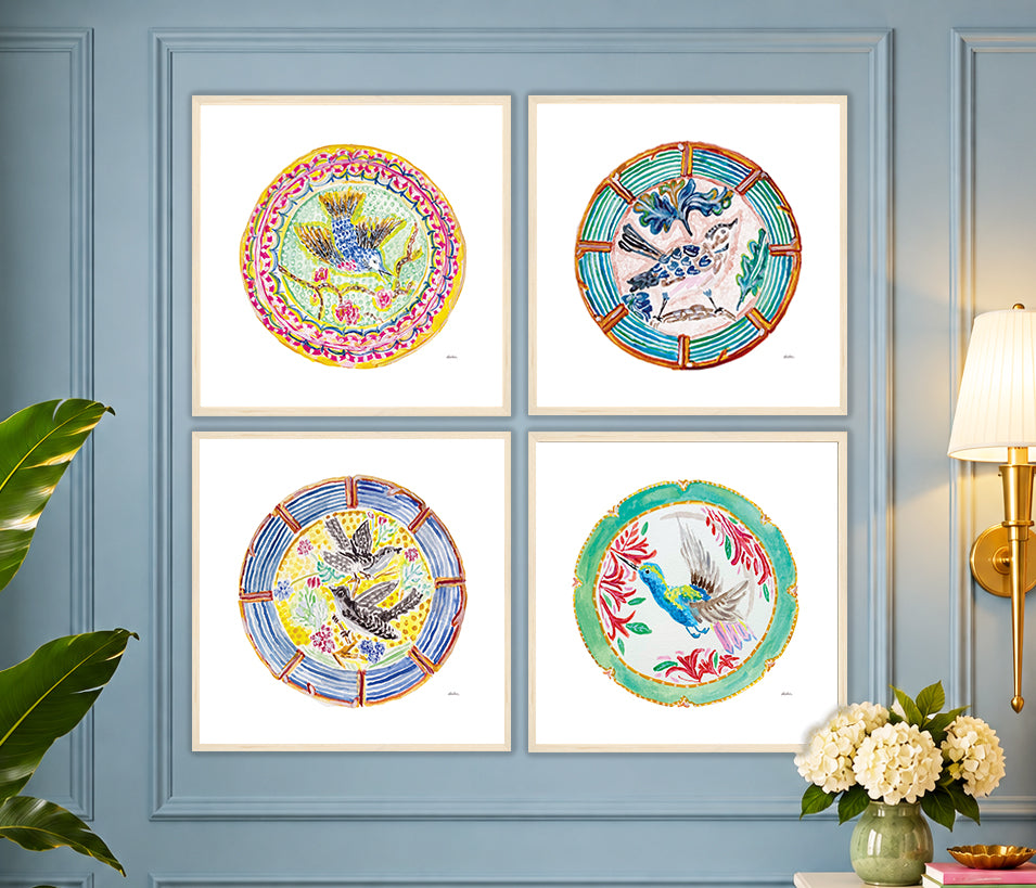 The Pretty Plate Series of paintings by Deb Baker at Trail  East Studio In Ada Michigan featuring antique bird plates with a bluebird, wren, blackbirds, and a hummingbird. The perfect art for a Mahjong Game  Room.