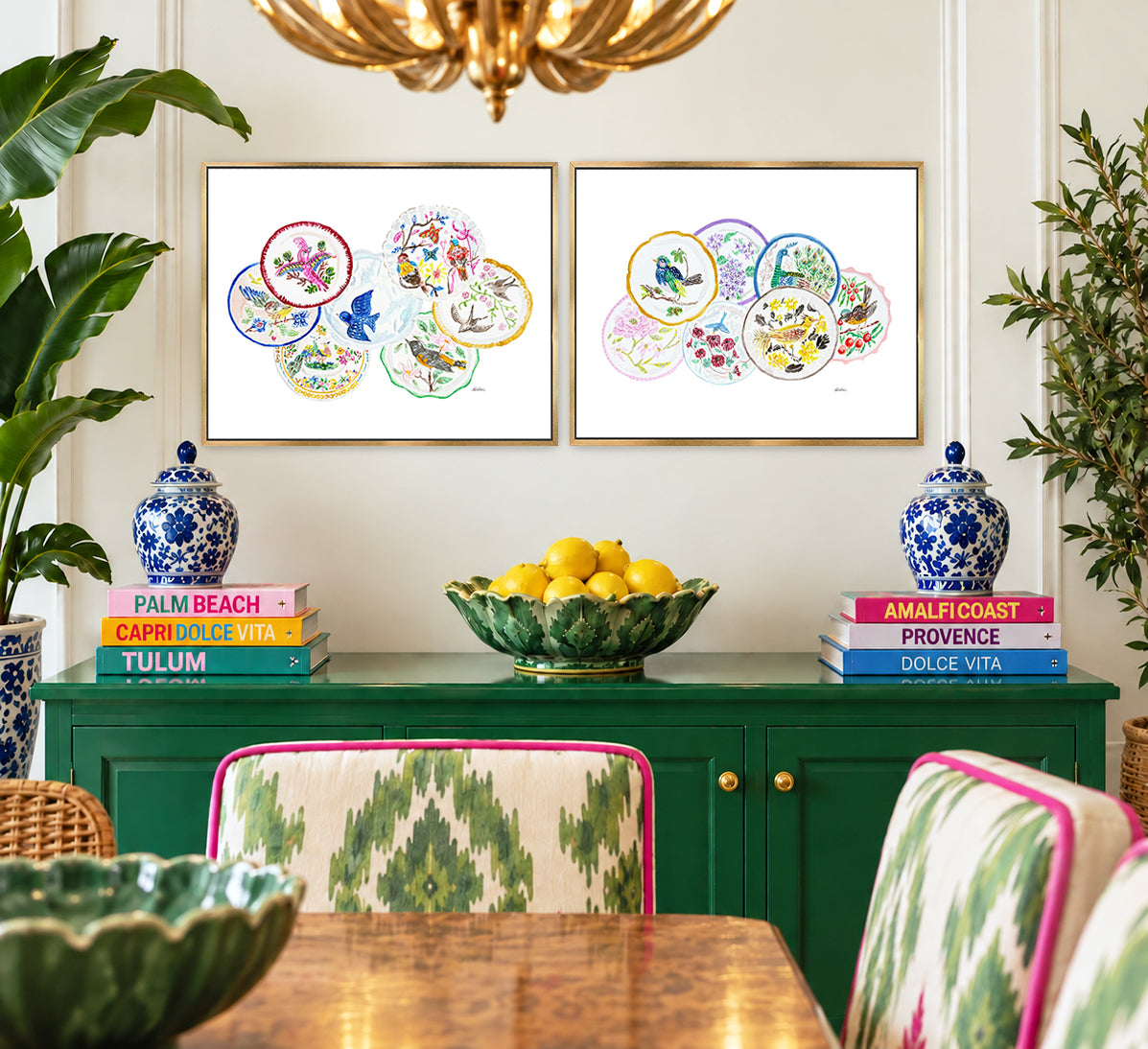 The Pretty Plate Series of paintings by Deb Baker at Trail  East Studio In Ada Michigan featuring antique bird plates with a bluebird, wren, blackbirds, and a hummingbird. The perfect art for a Mahjong Game  Room.