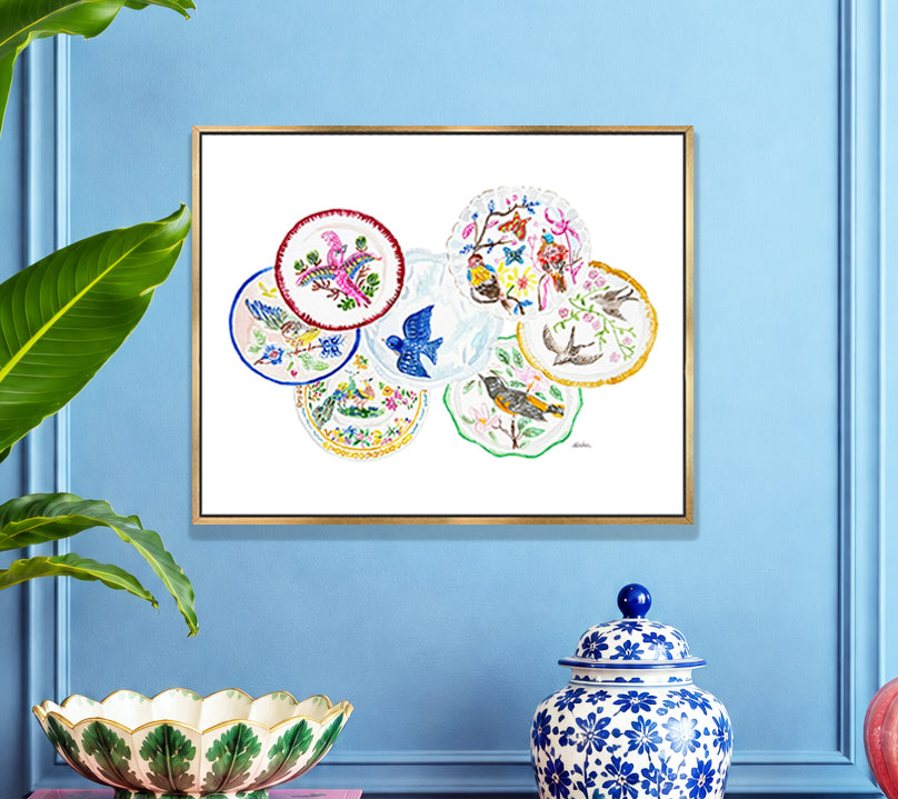 The Pretty Plate Series of paintings by Deb Baker at Trail  East Studio In Ada Michigan featuring antique bird plates with a bluebird, wren, blackbirds, and a hummingbird. The perfect art for a Mahjong Game  Room.