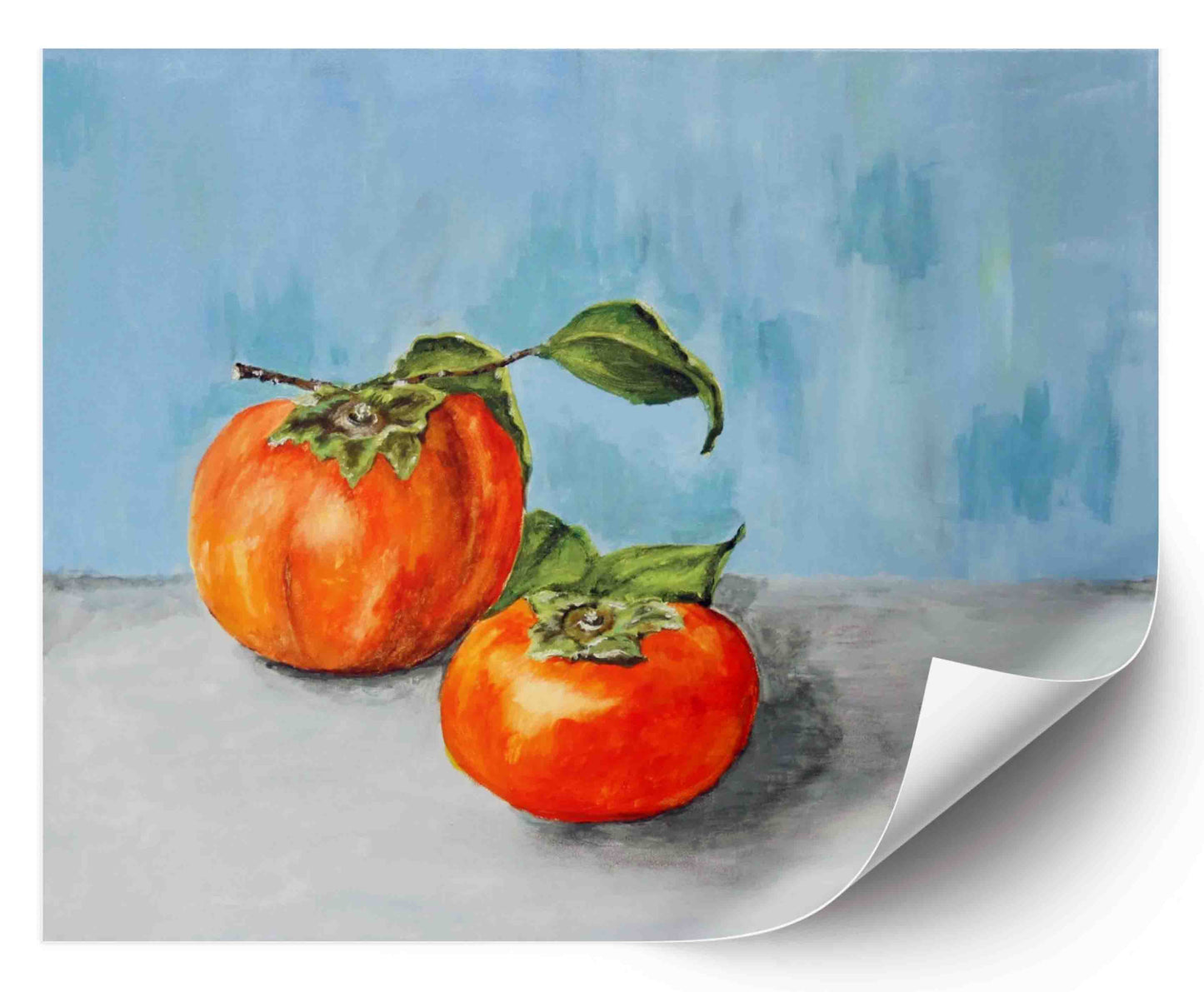 A beautiful  oil painting of two persimmons on a blue wall.