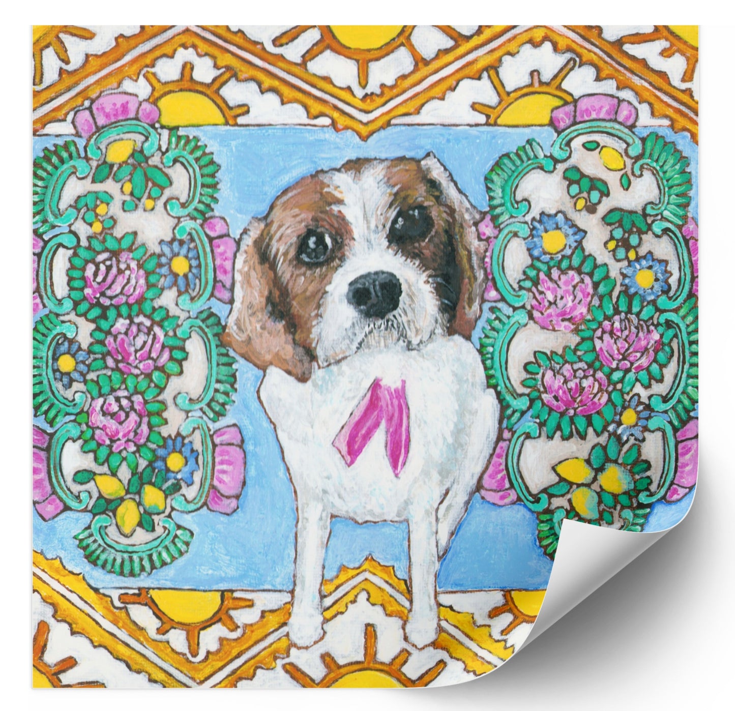 A colorful pet portrait painting of a Cavalier King Charles Spaniel.