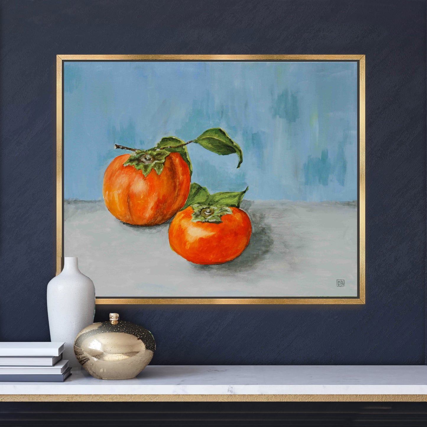 A beautiful  oil painting of two persimmons on a blue wall.