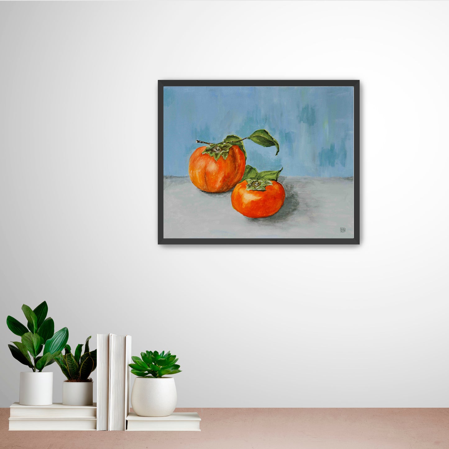 A beautiful  oil painting of two persimmons on a blue wall.