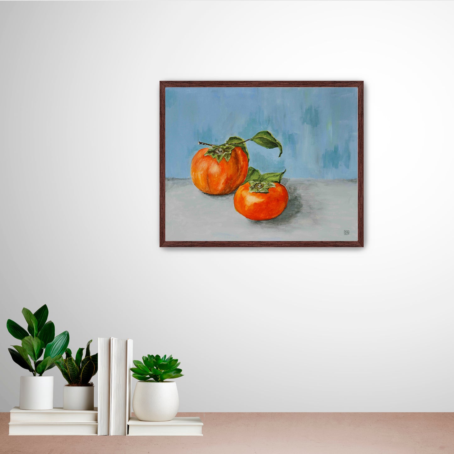 A beautiful  oil painting of two persimmons on a blue wall.