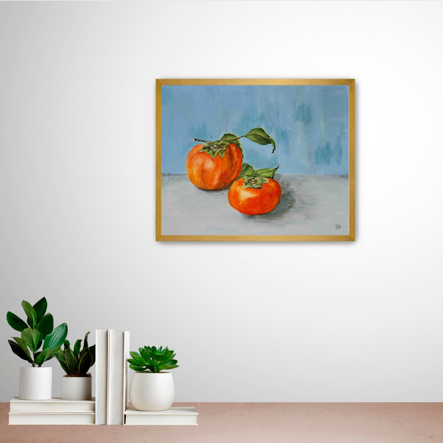 A beautiful  oil painting of two persimmons on a blue wall.