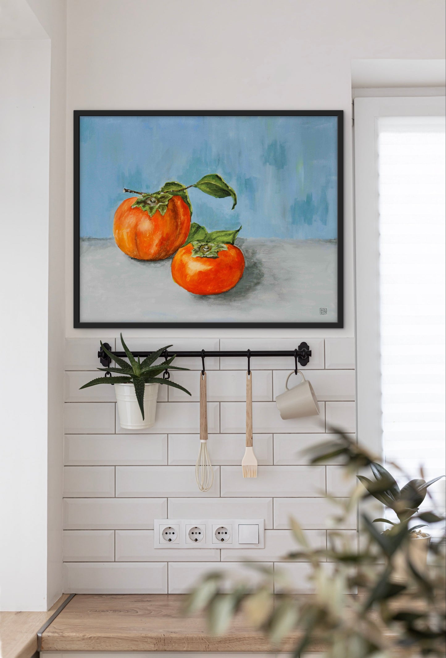 A beautiful  oil painting of two persimmons on a blue wall.