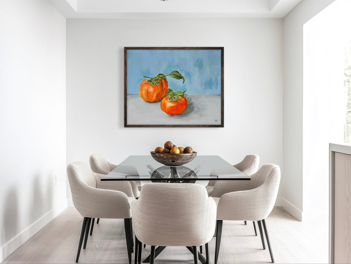 A beautiful  oil painting of two persimmons on a blue wall.