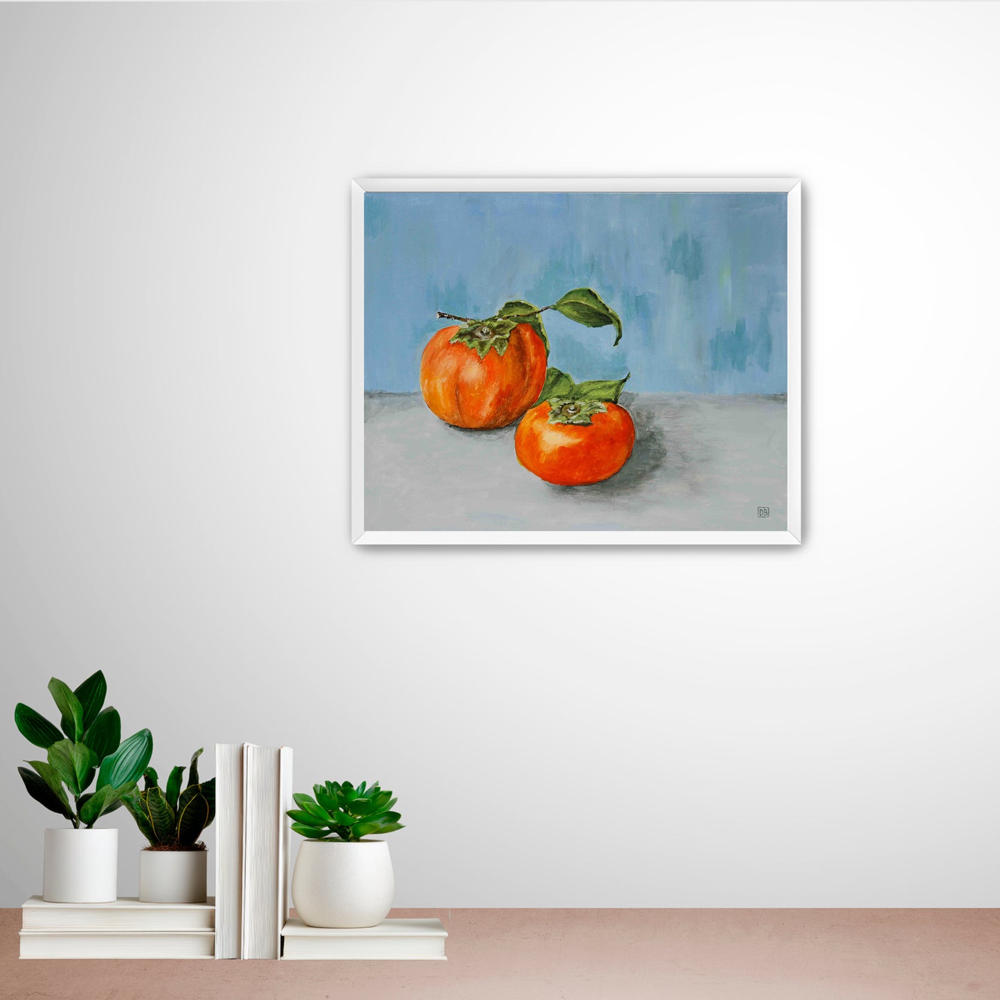 A beautiful  oil painting of two persimmons on a blue wall.