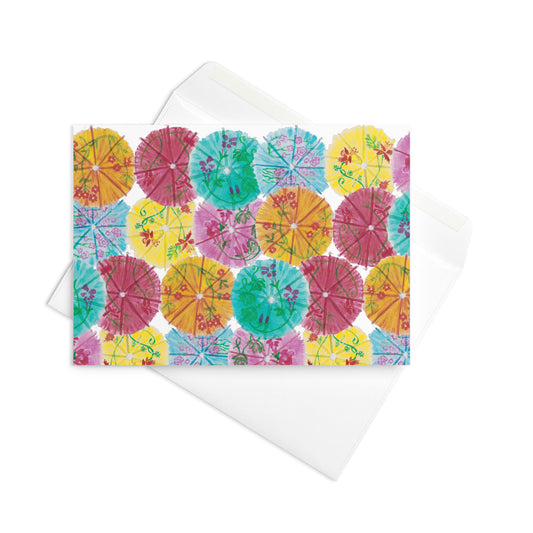 A greeting card featuring Trail East Studio Party Picks painting also available on a Mahjong Mat