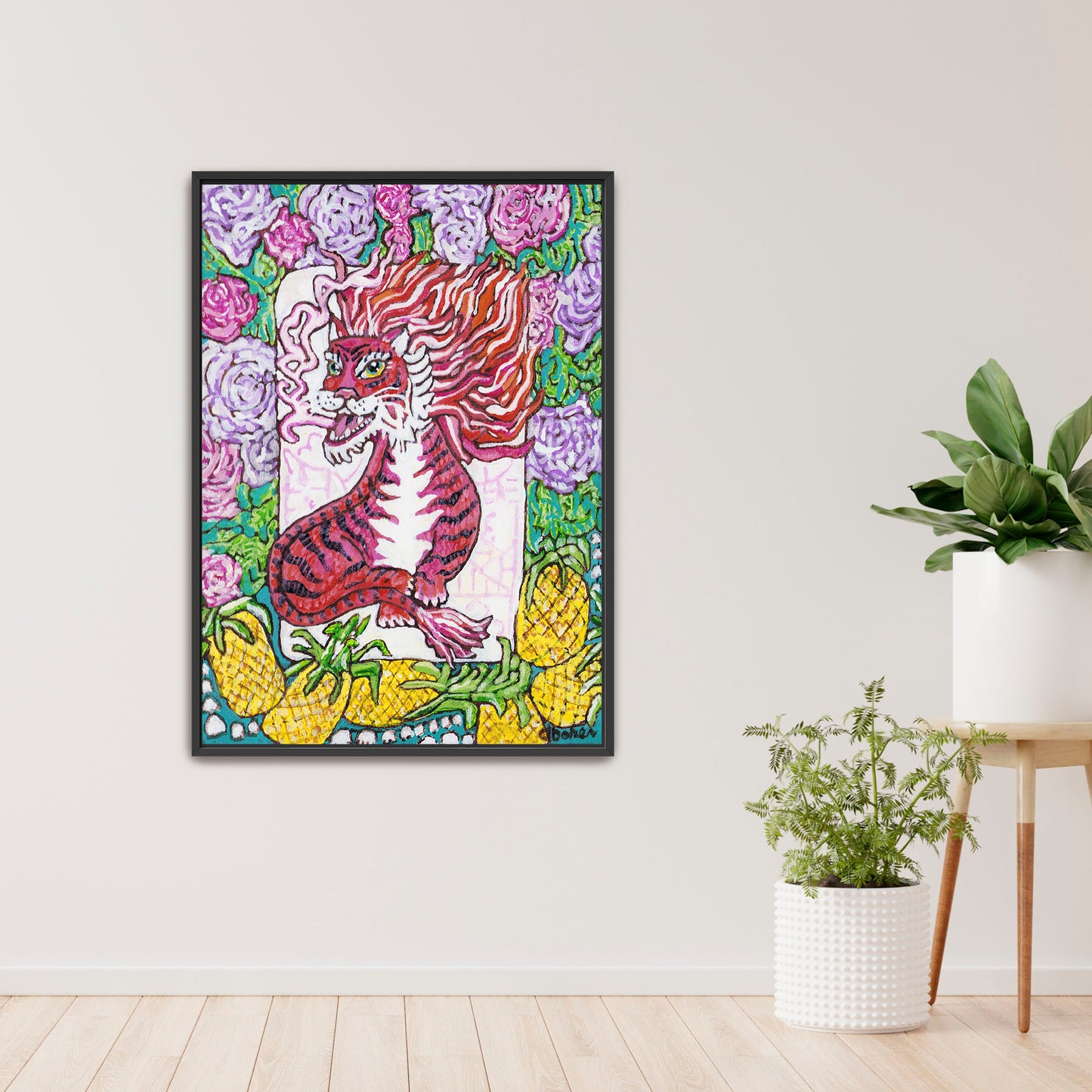 A painting of a red dragon mahjong tile surrounded by flowers and pineapples. 