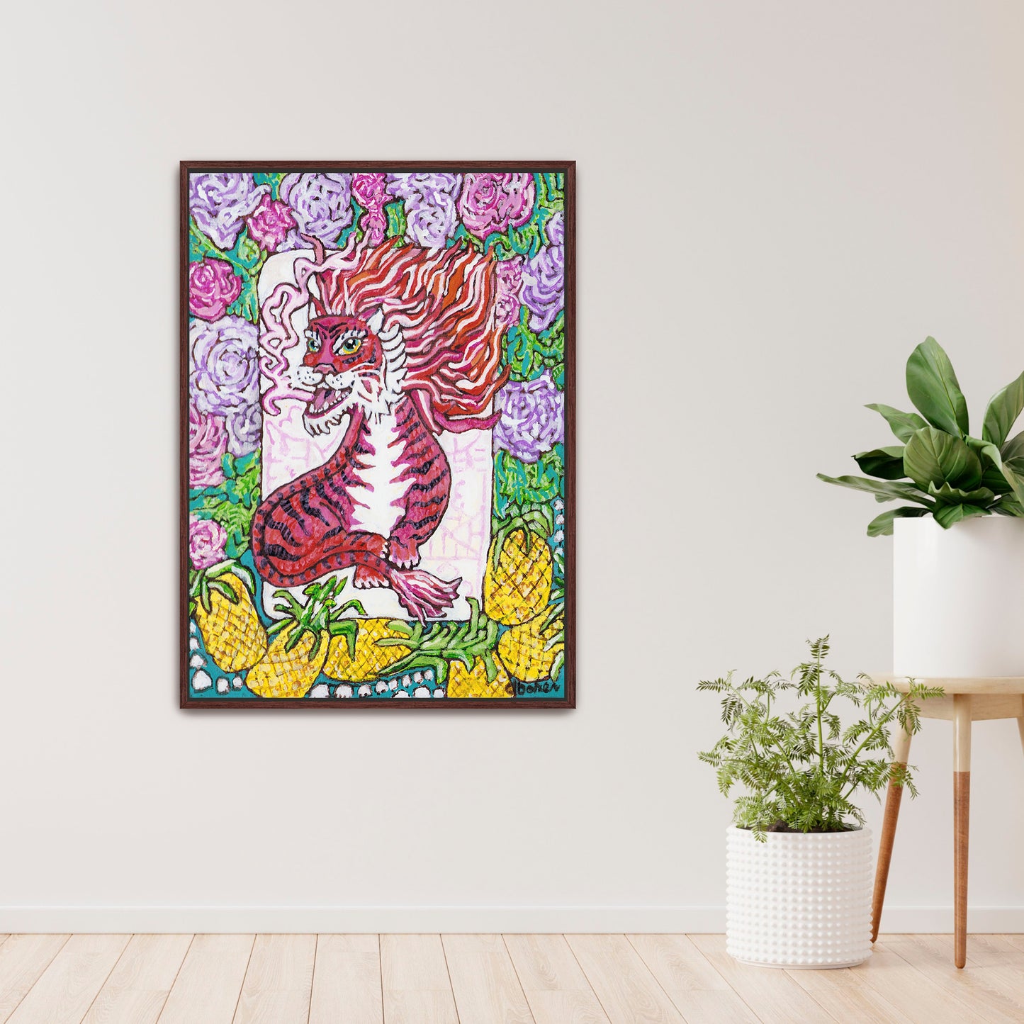 A painting of a red dragon mahjong tile surrounded by flowers and pineapples. 