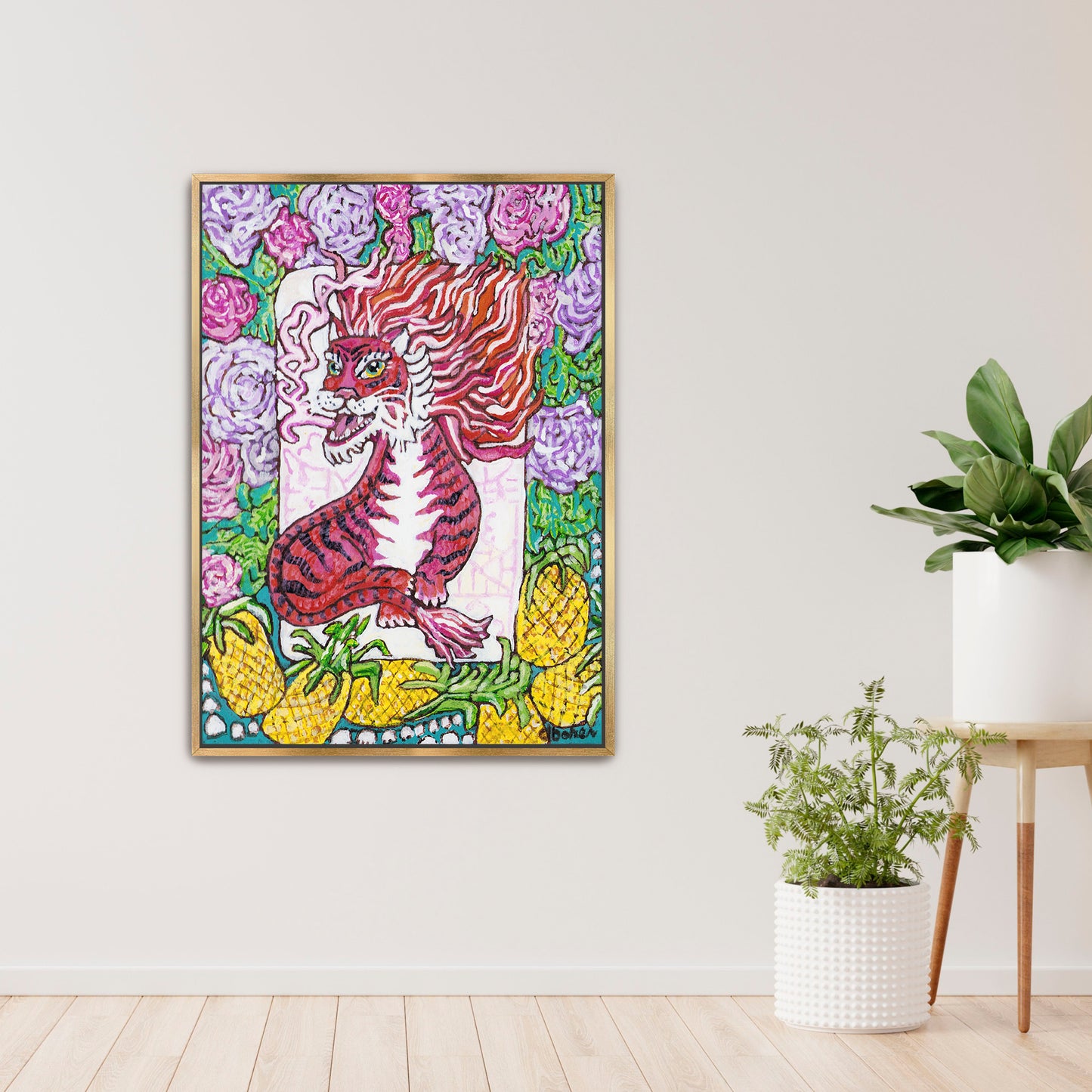 A painting of a red dragon mahjong tile surrounded by flowers and pineapples. 