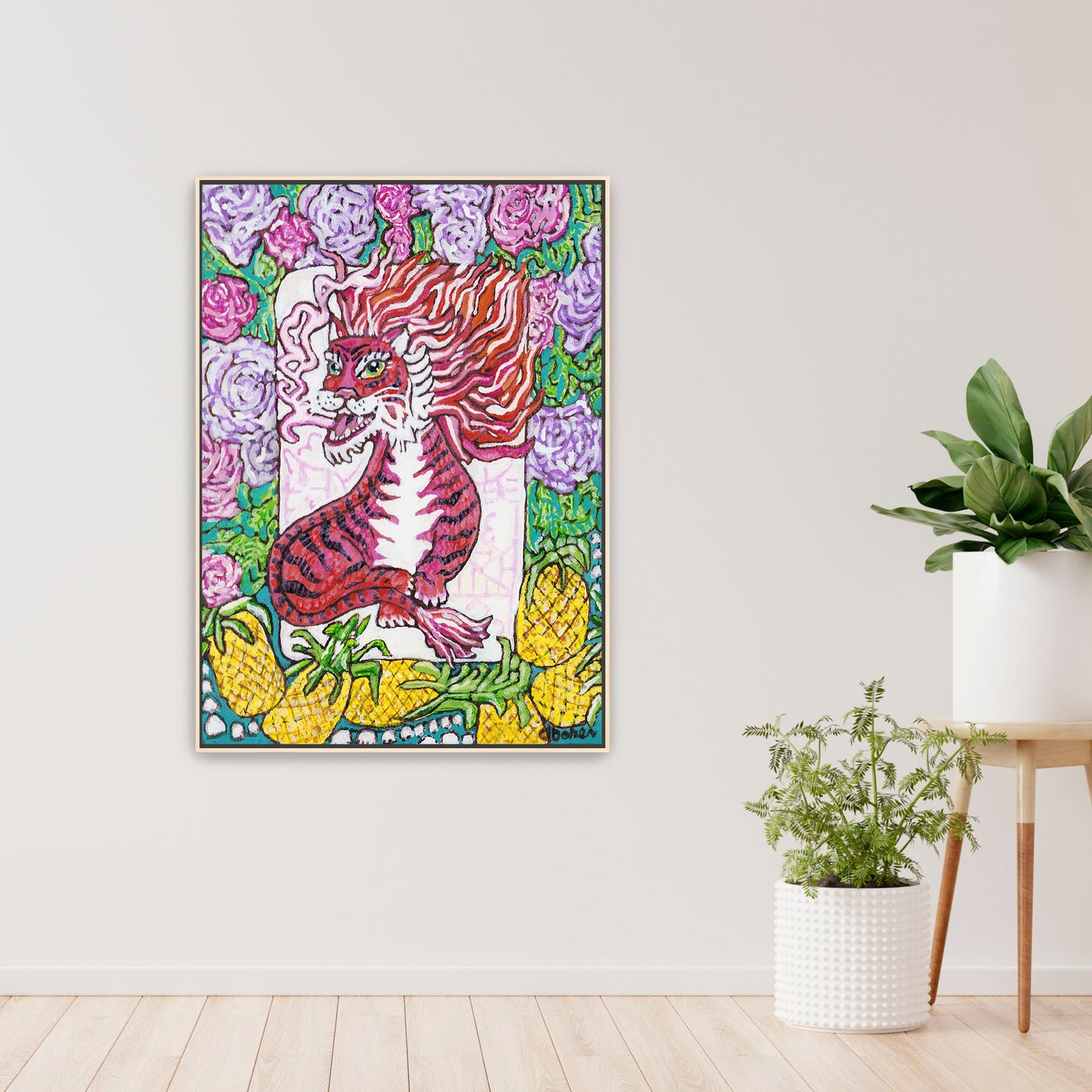 A painting of a red dragon mahjong tile surrounded by flowers and pineapples. 