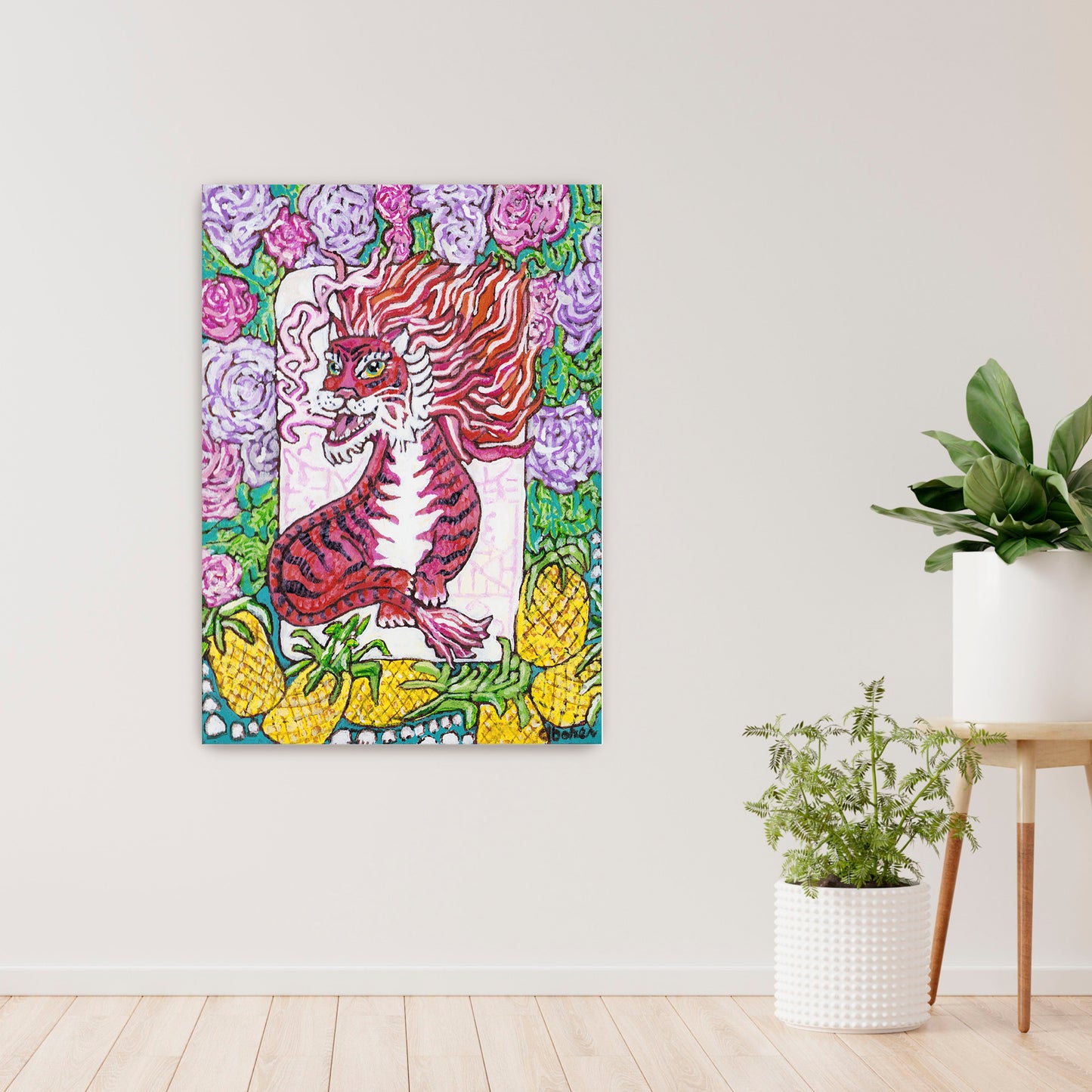 A painting of a red dragon mahjong tile surrounded by flowers and pineapples. 