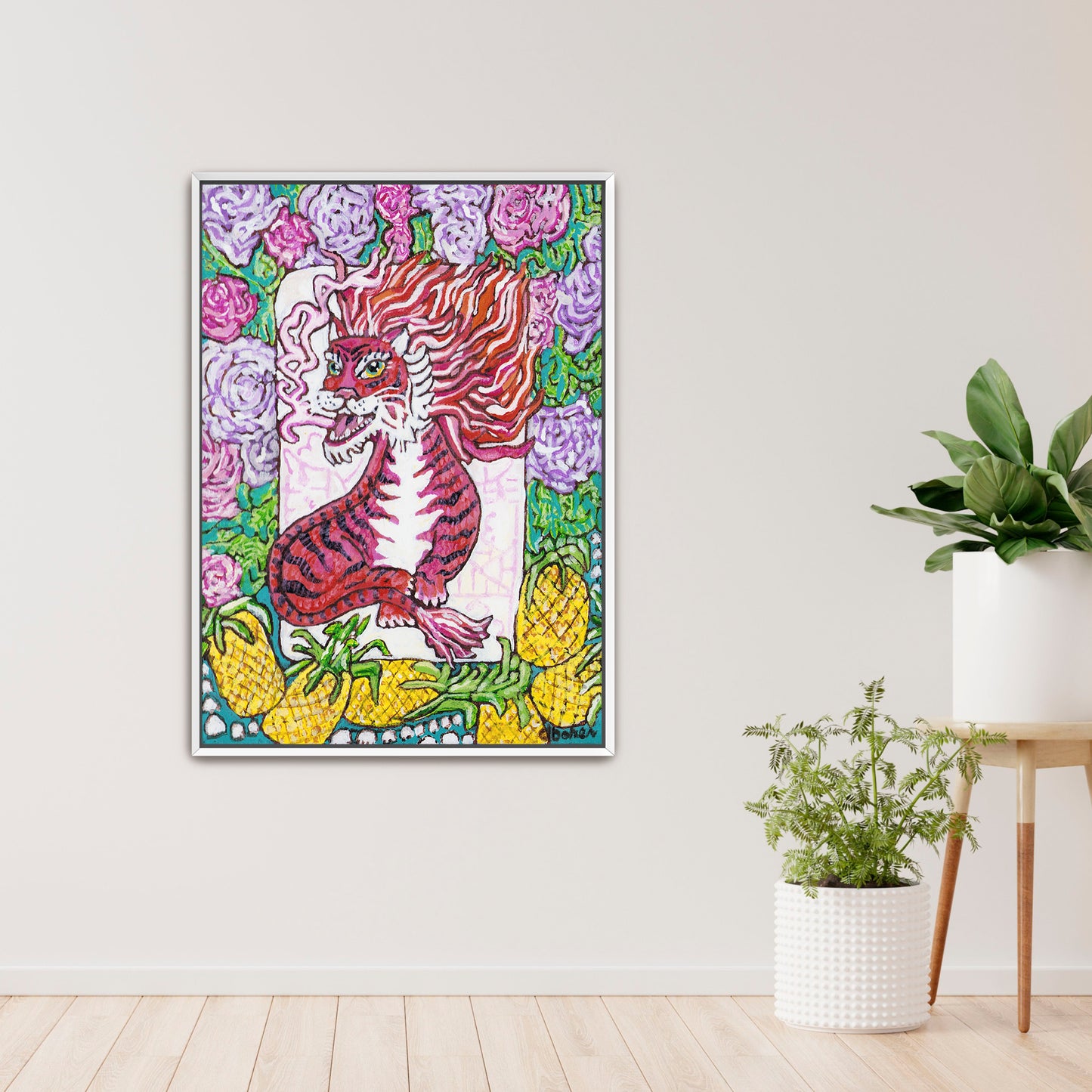 A painting of a red dragon mahjong tile surrounded by flowers and pineapples. 