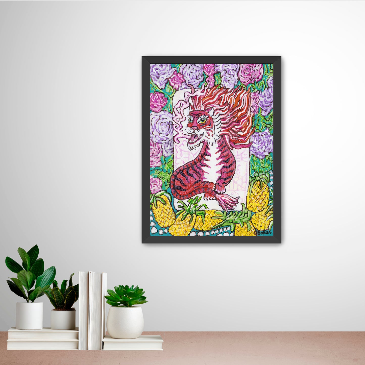 A painting of a red dragon mahjong tile surrounded by flowers and pineapples. 