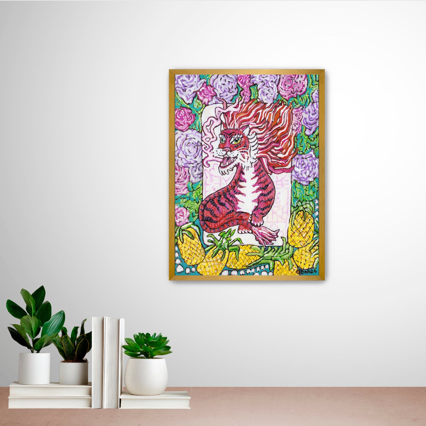 A painting of a red dragon mahjong tile surrounded by flowers and pineapples. 