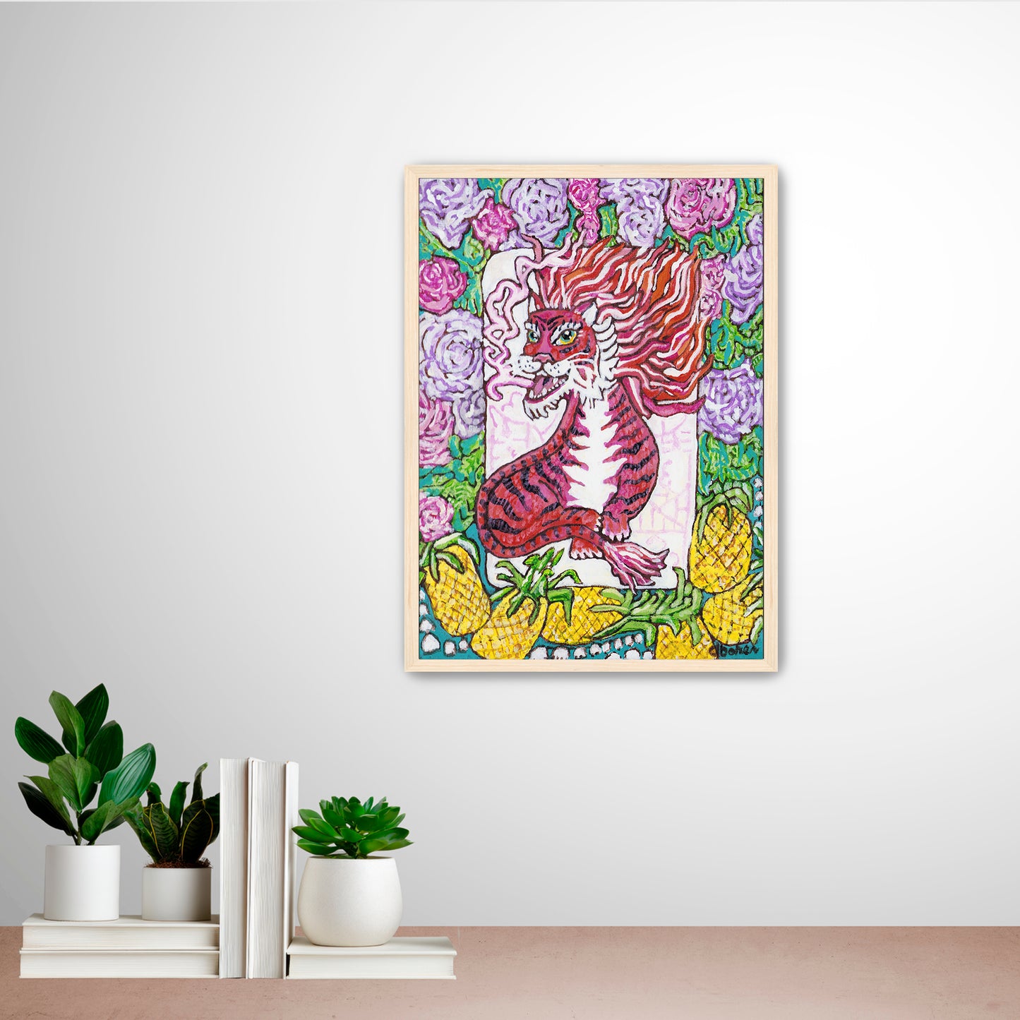 A painting of a red dragon mahjong tile surrounded by flowers and pineapples. 