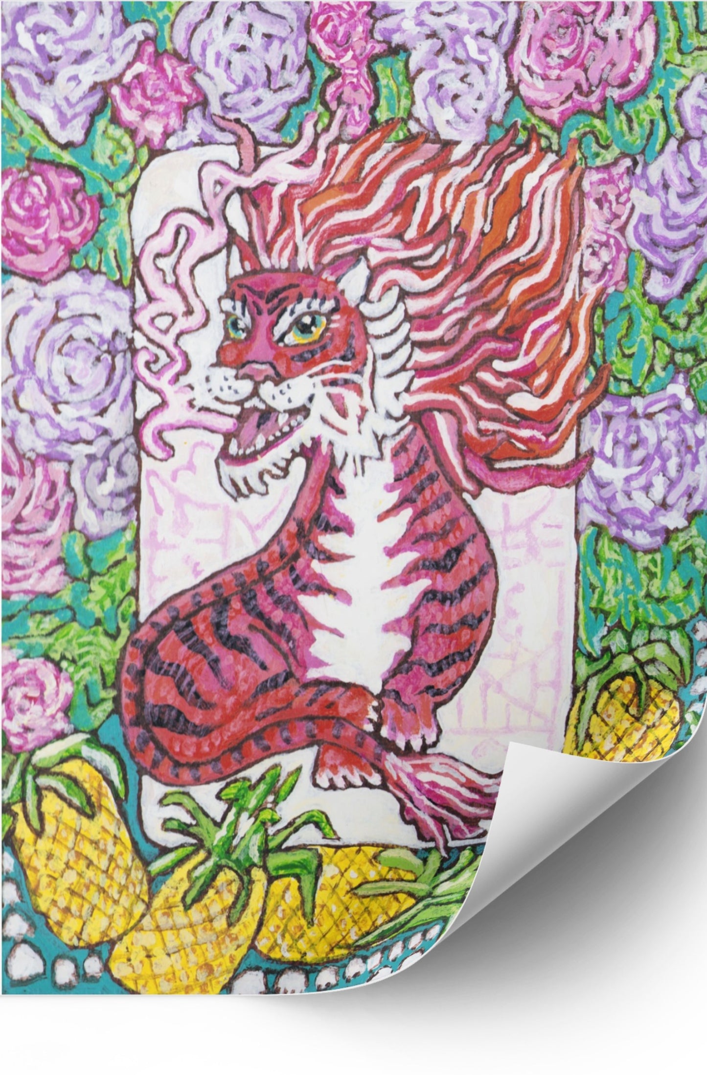 A painting of a red dragon mahjong tile surrounded by flowers and pineapples. 