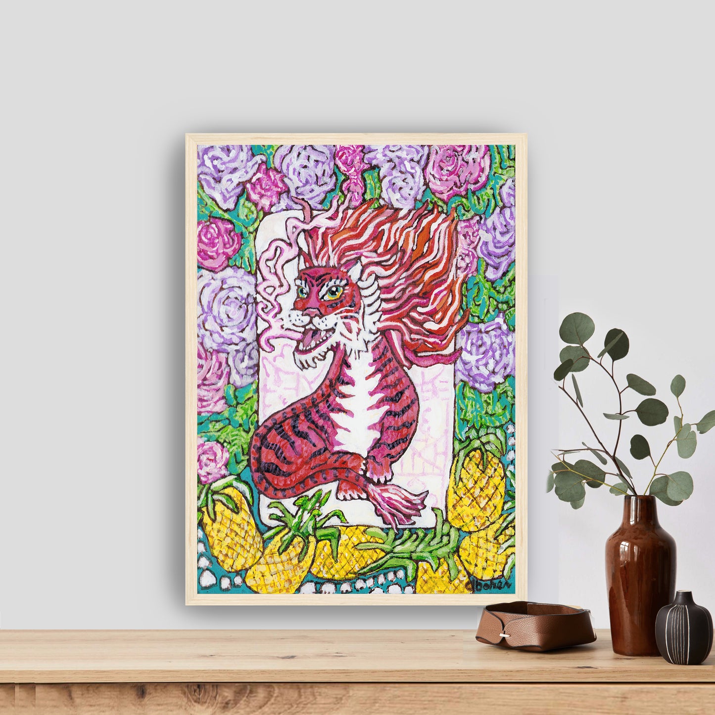 A painting of a red dragon mahjong tile surrounded by flowers and pineapples. 