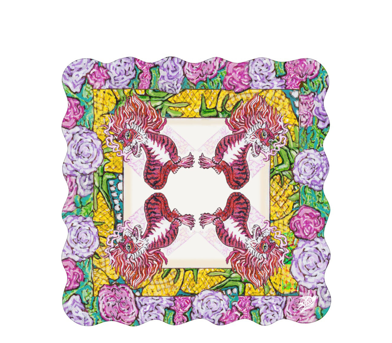 A beautiful and colorful mahjong mat featuring a red dragon with roses and pineapples.