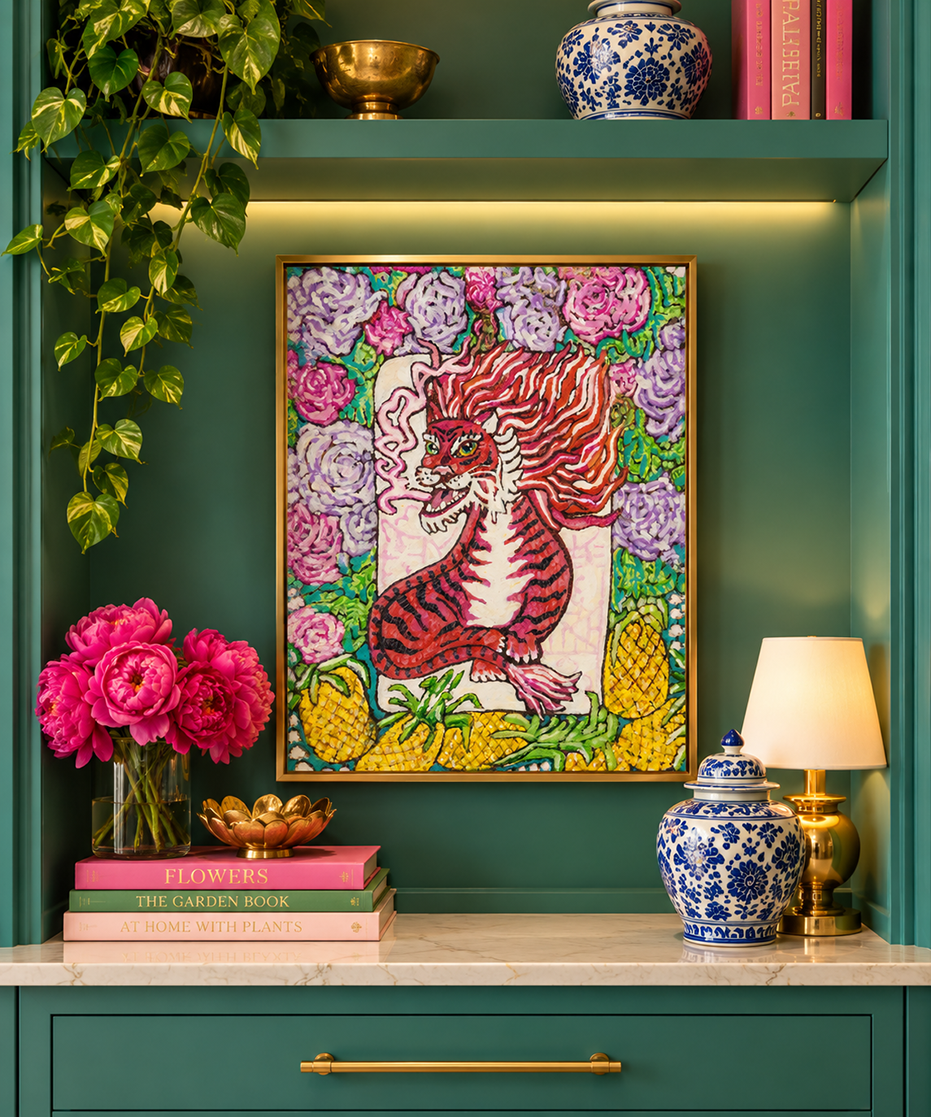 A painting of a red dragon mahjong tile surrounded by flowers and pineapples by Trial East Studio in Ada Michigan