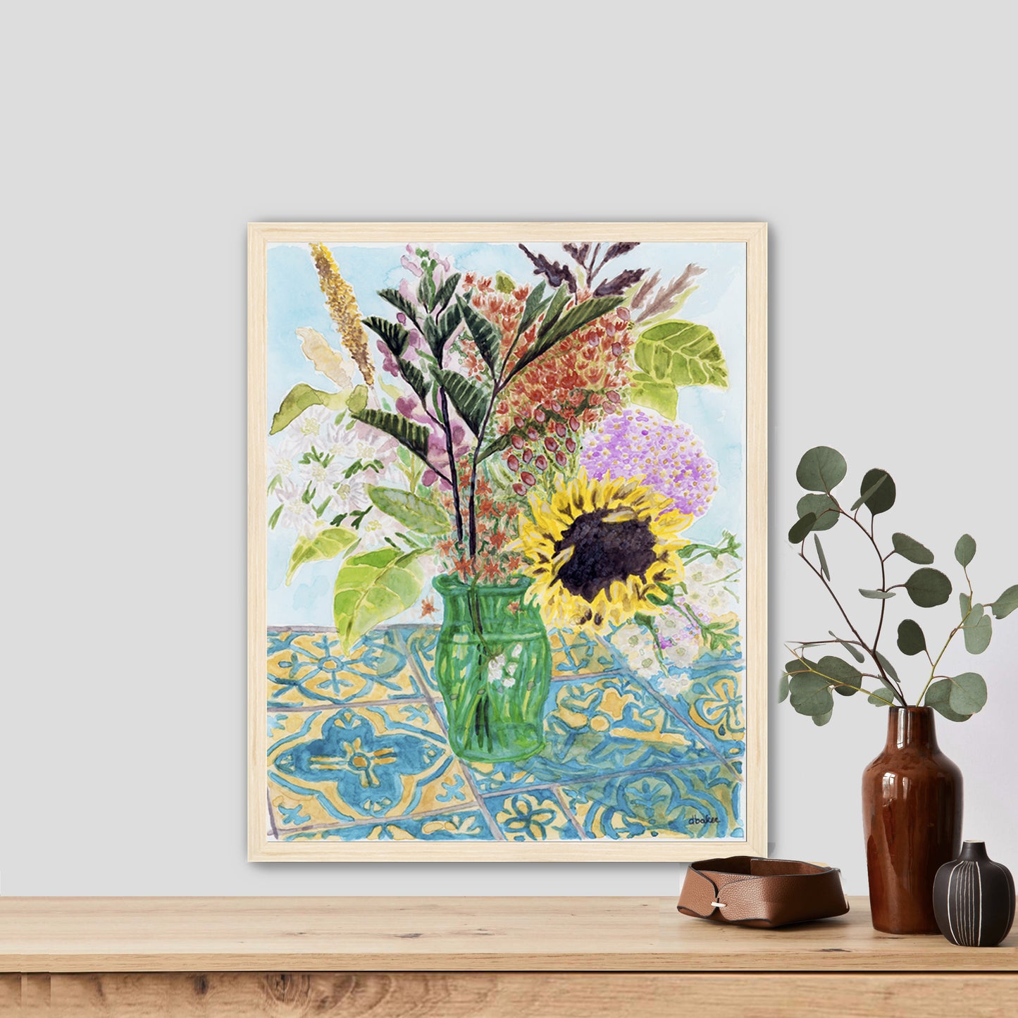 This vibrant watercolor painting captures the charm of a freshly gathered bouquet, arranged in a simple green glass vase.