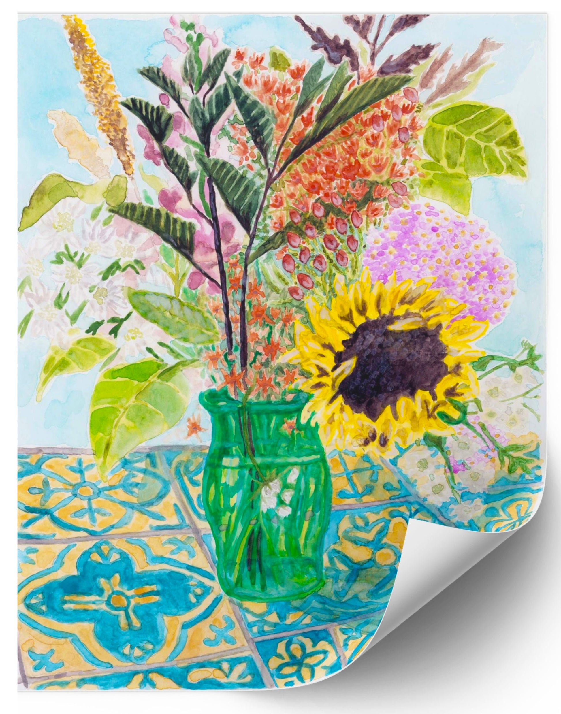 This vibrant painting captures the charm of a freshly gathered bouquet, arranged in a simple green glass vase.