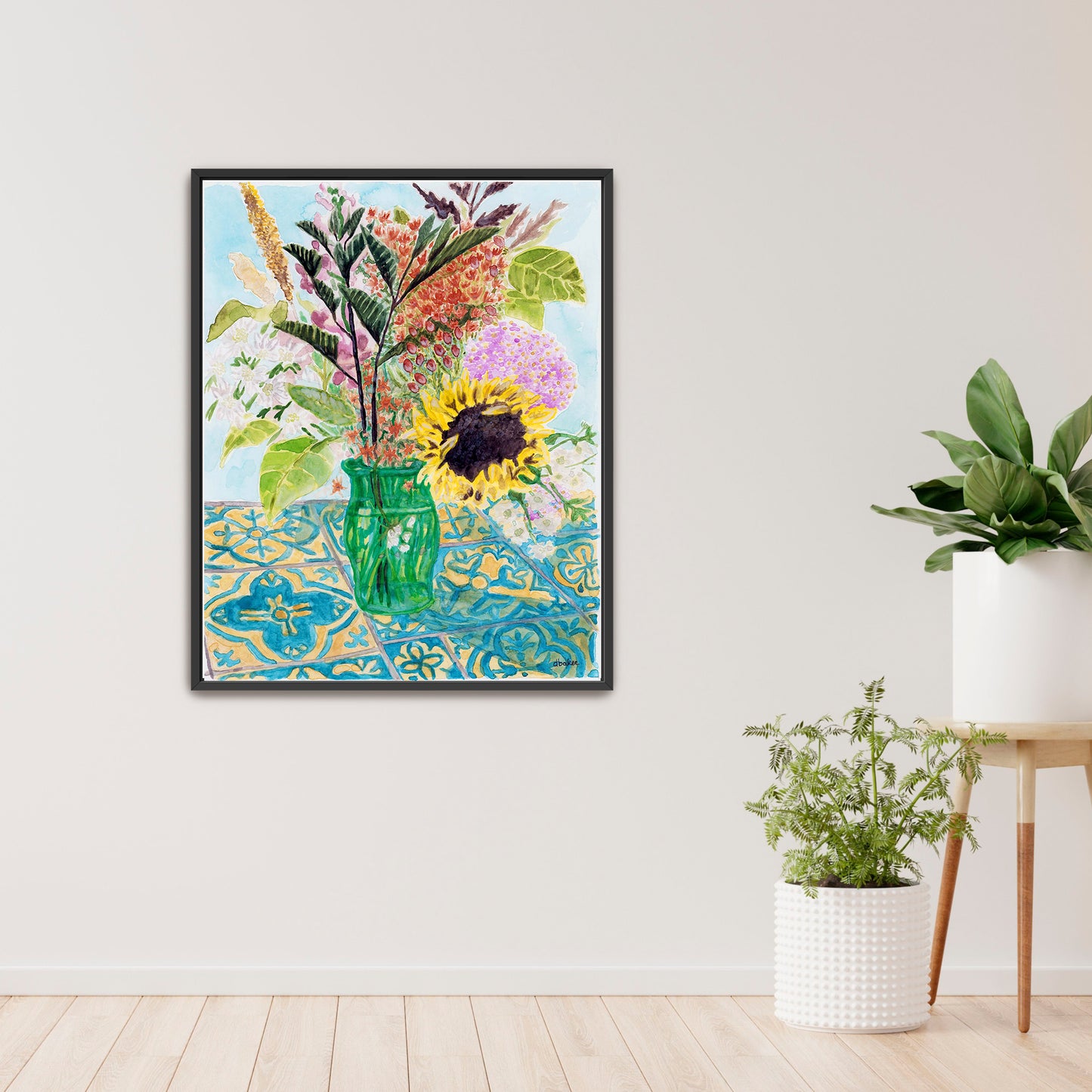 This vibrant watercolor painting captures the charm of a freshly gathered bouquet, arranged in a simple green glass vase.