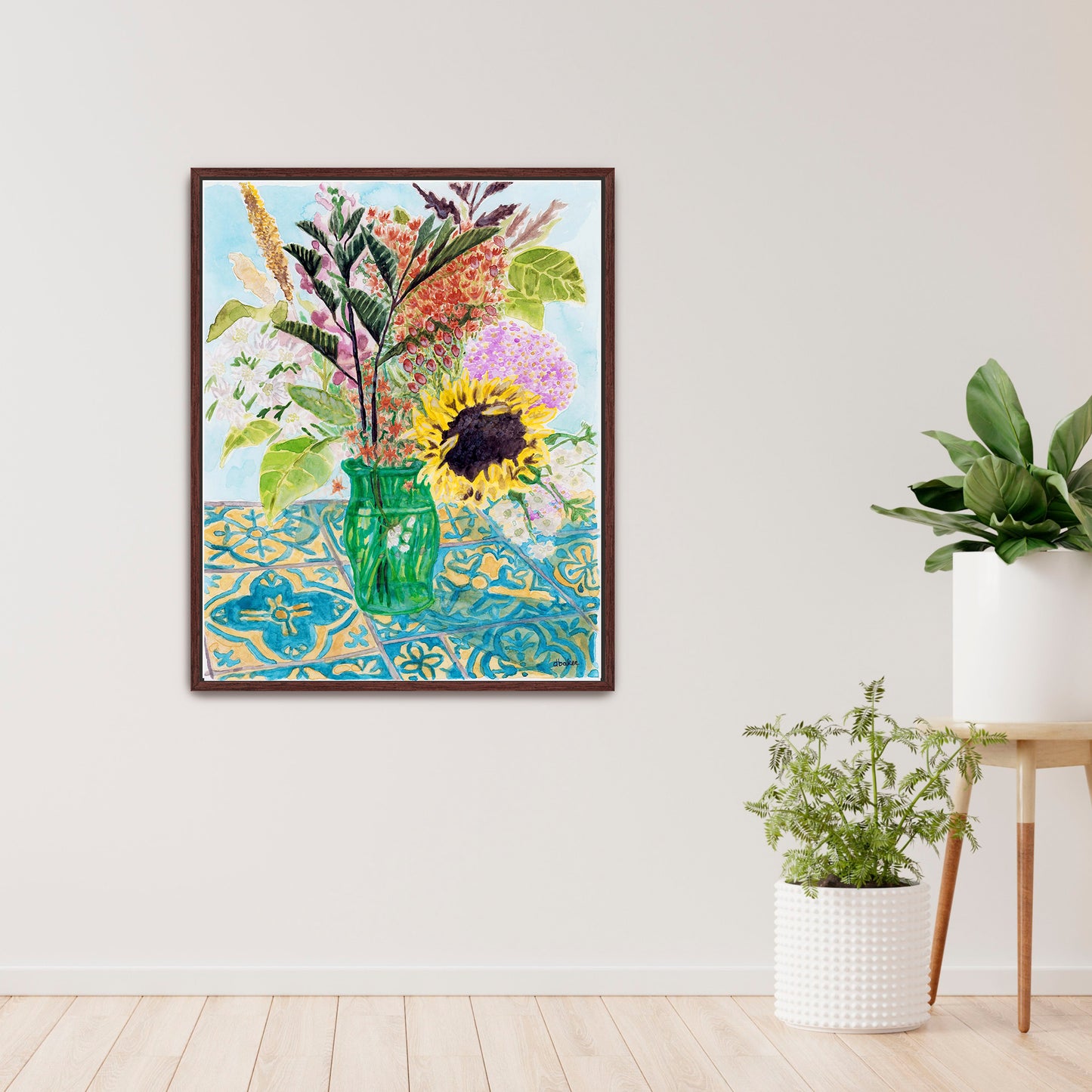 This vibrant watercolor painting captures the charm of a freshly gathered bouquet, arranged in a simple green glass vase.