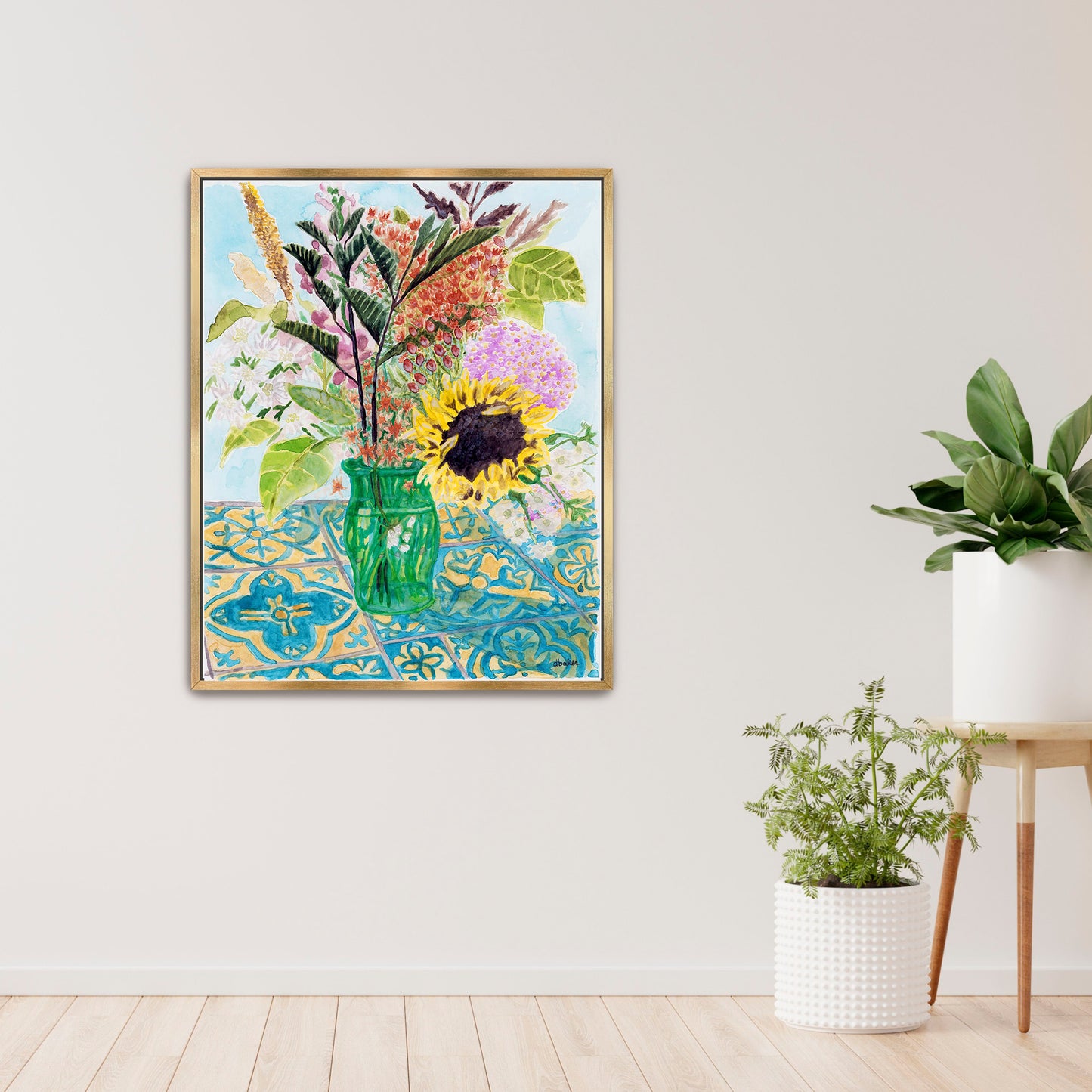 This vibrant watercolor painting captures the charm of a freshly gathered bouquet, arranged in a simple green glass vase.