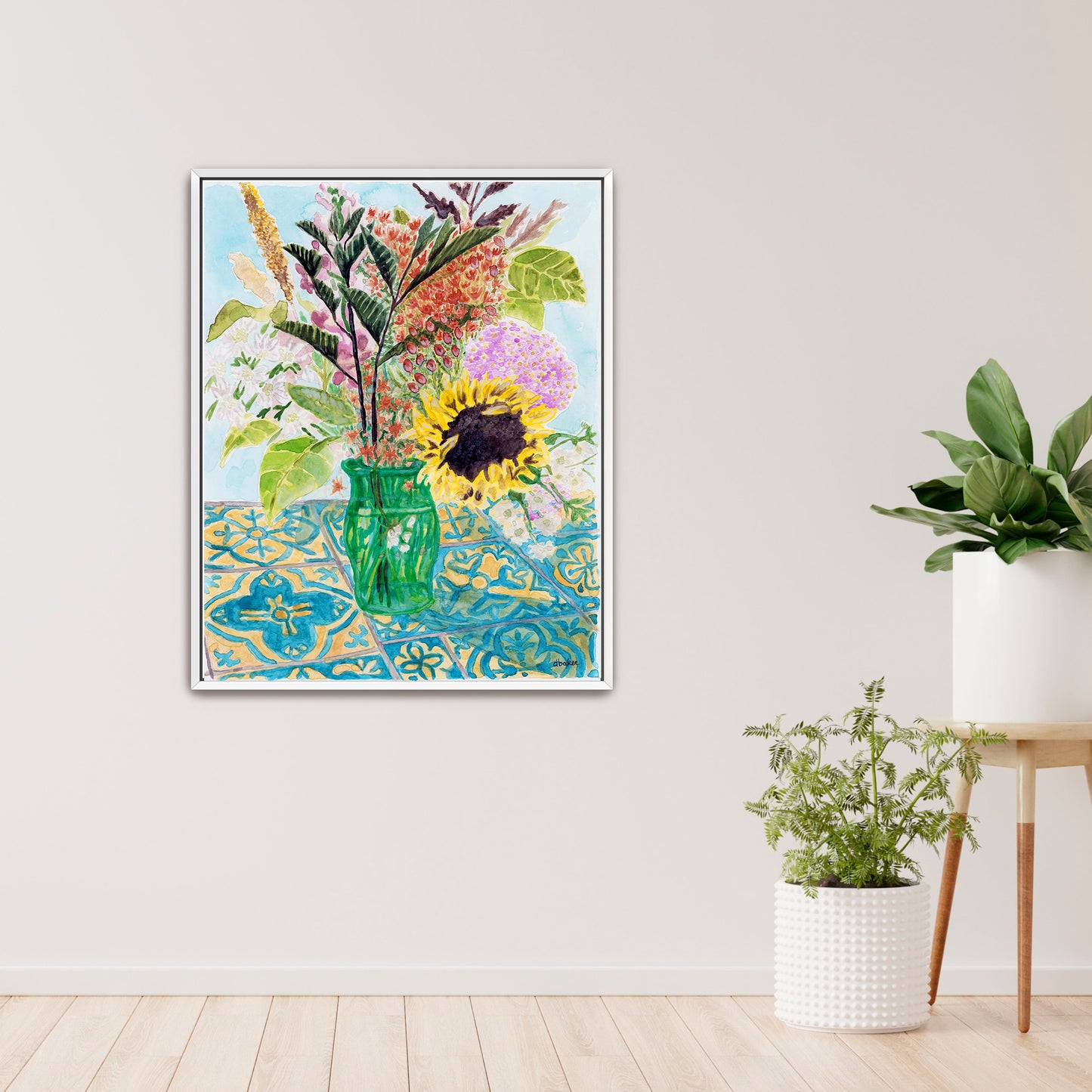 This vibrant watercolor painting captures the charm of a freshly gathered bouquet, arranged in a simple green glass vase.