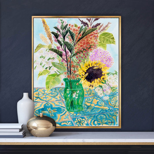 This vibrant watercolor painting captures the charm of a freshly gathered bouquet, arranged in a simple green glass vase.