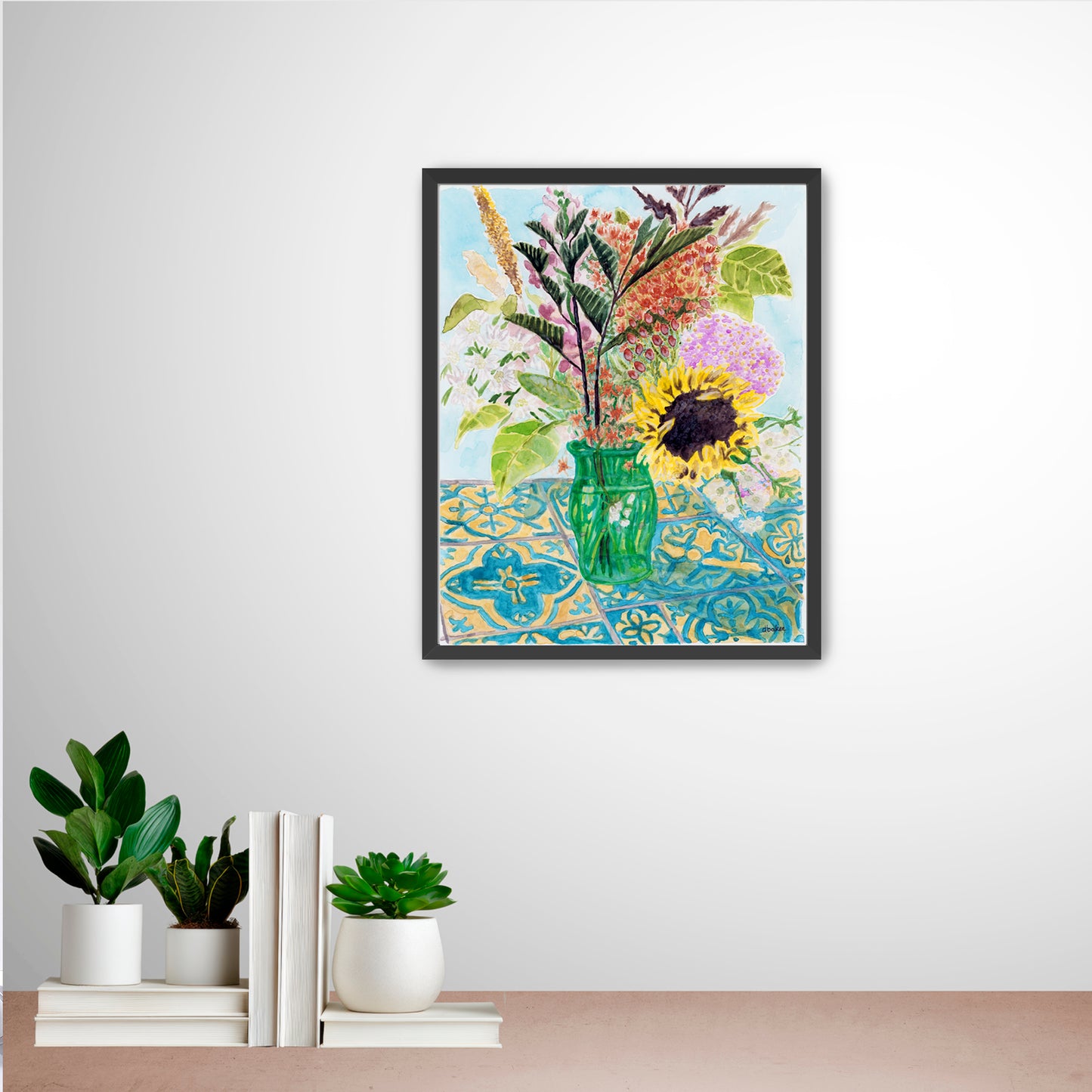 This vibrant painting captures the charm of a freshly gathered bouquet, arranged in a simple green glass vase.