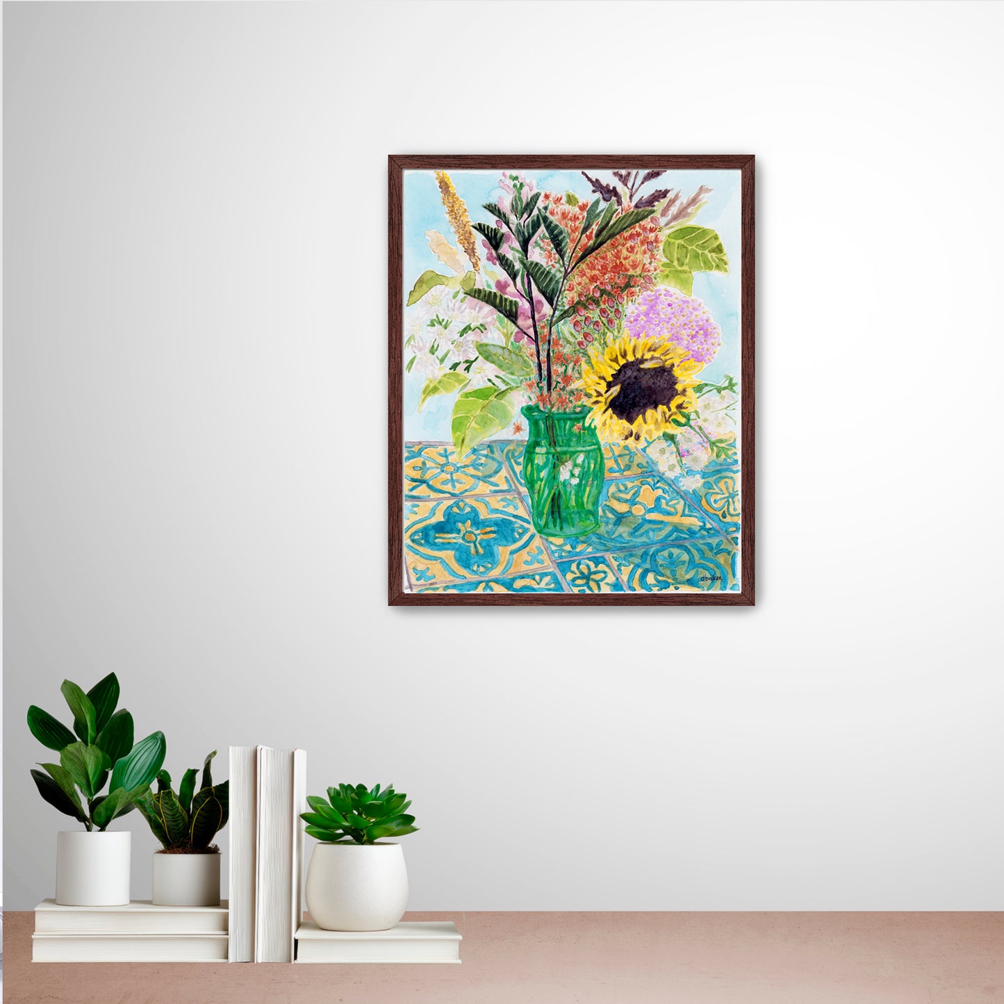 This vibrant painting captures the charm of a freshly gathered bouquet, arranged in a simple green glass vase.