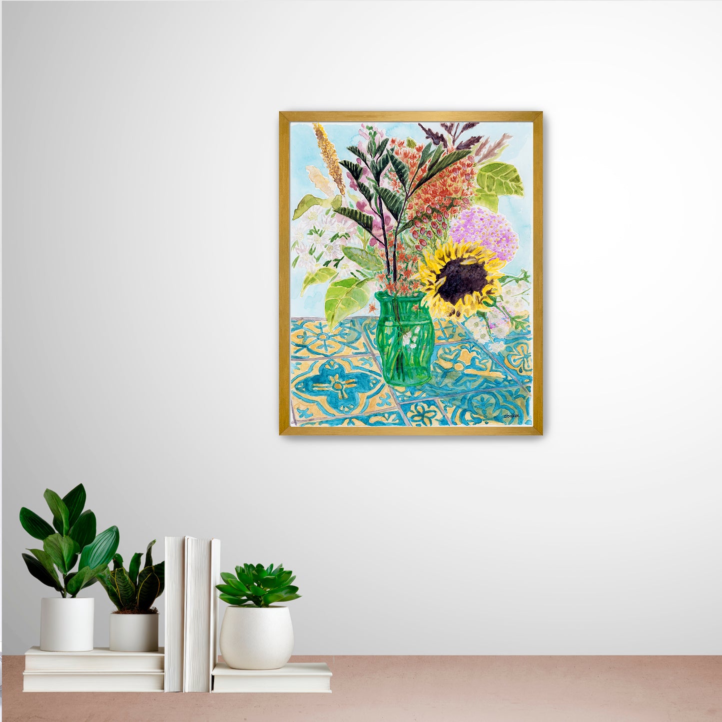 This vibrant painting captures the charm of a freshly gathered bouquet, arranged in a simple green glass vase.