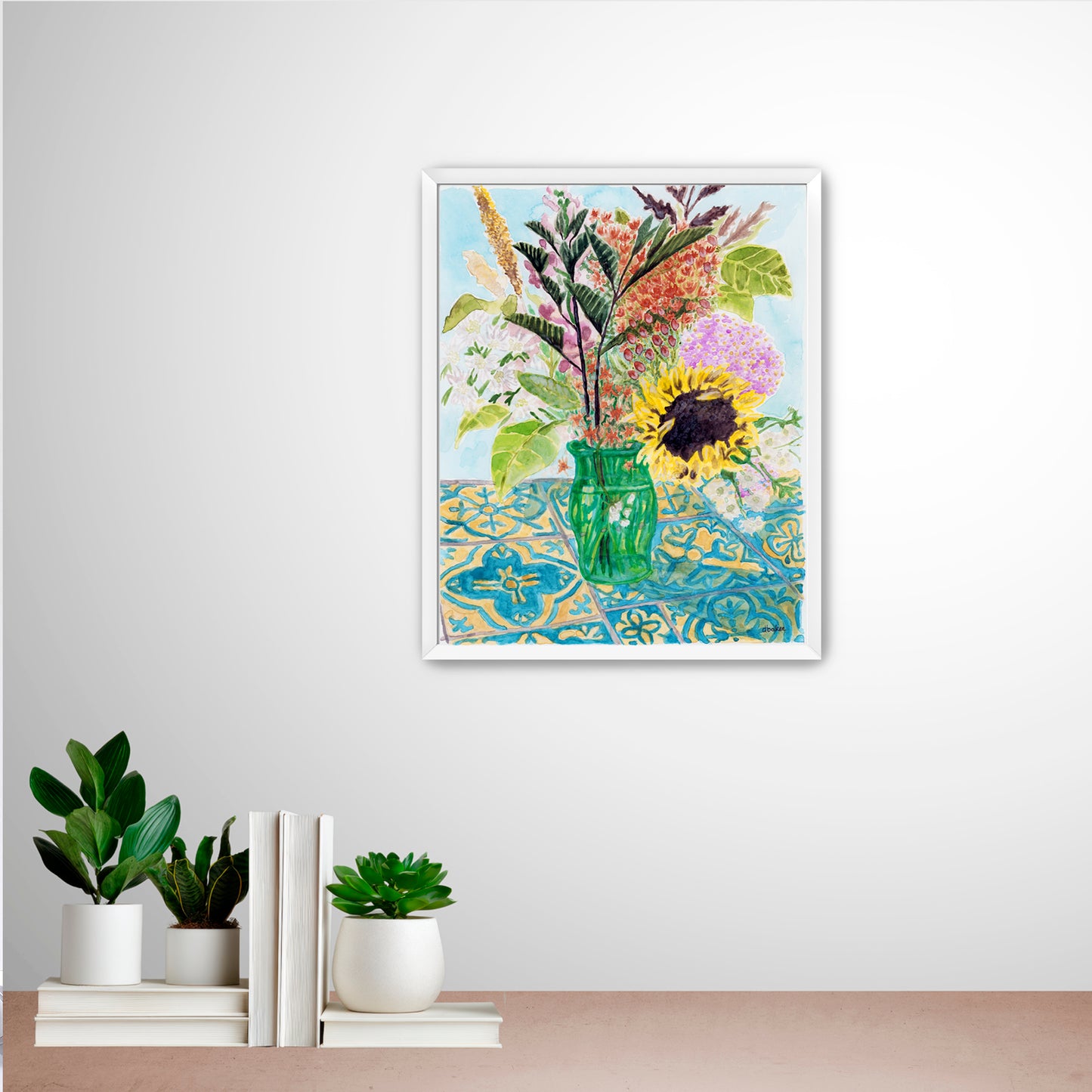 This vibrant painting captures the charm of a freshly gathered bouquet, arranged in a simple green glass vase.