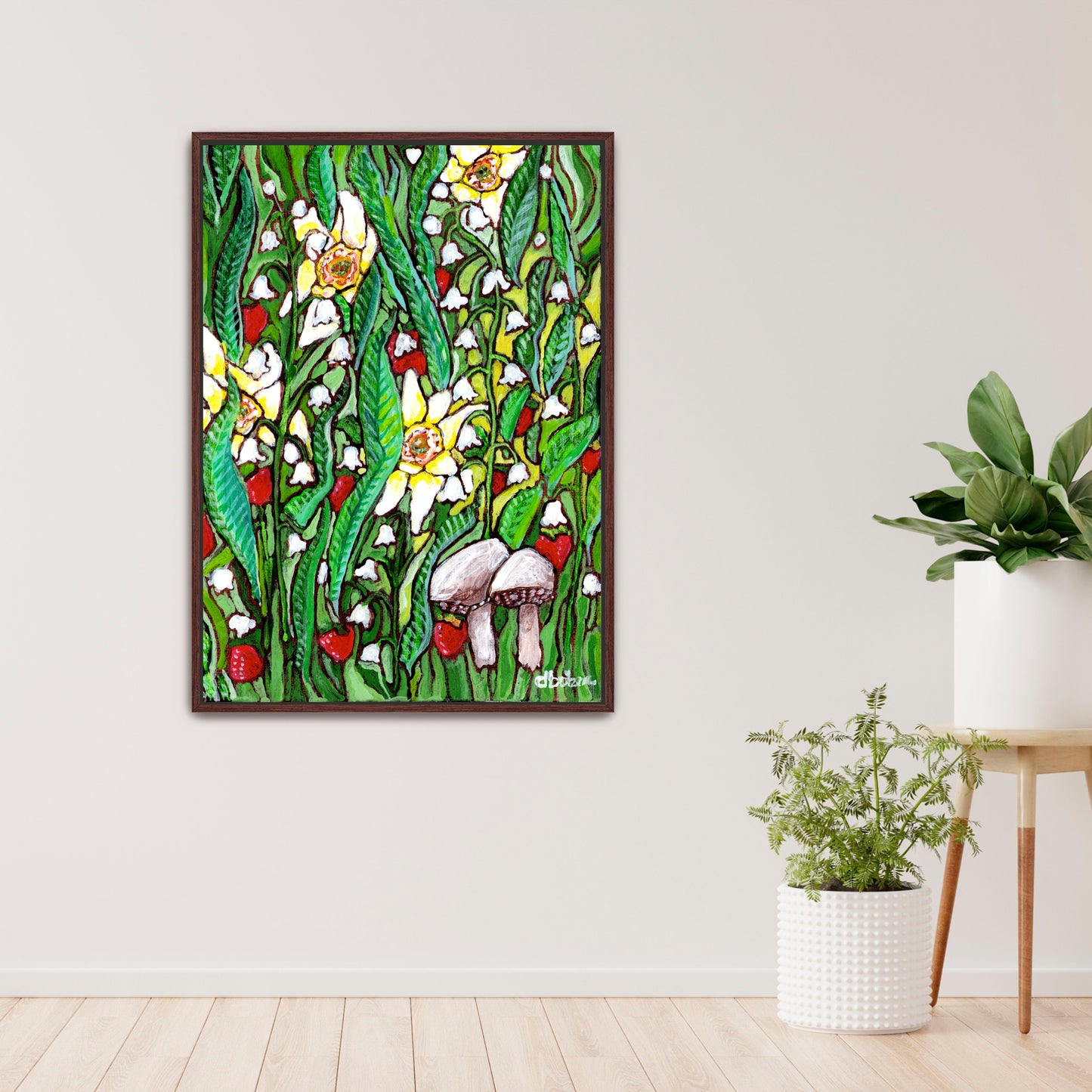 A painting of a summer field with daffodils, Lilly of the valley flowers, strawberries and mushrooms