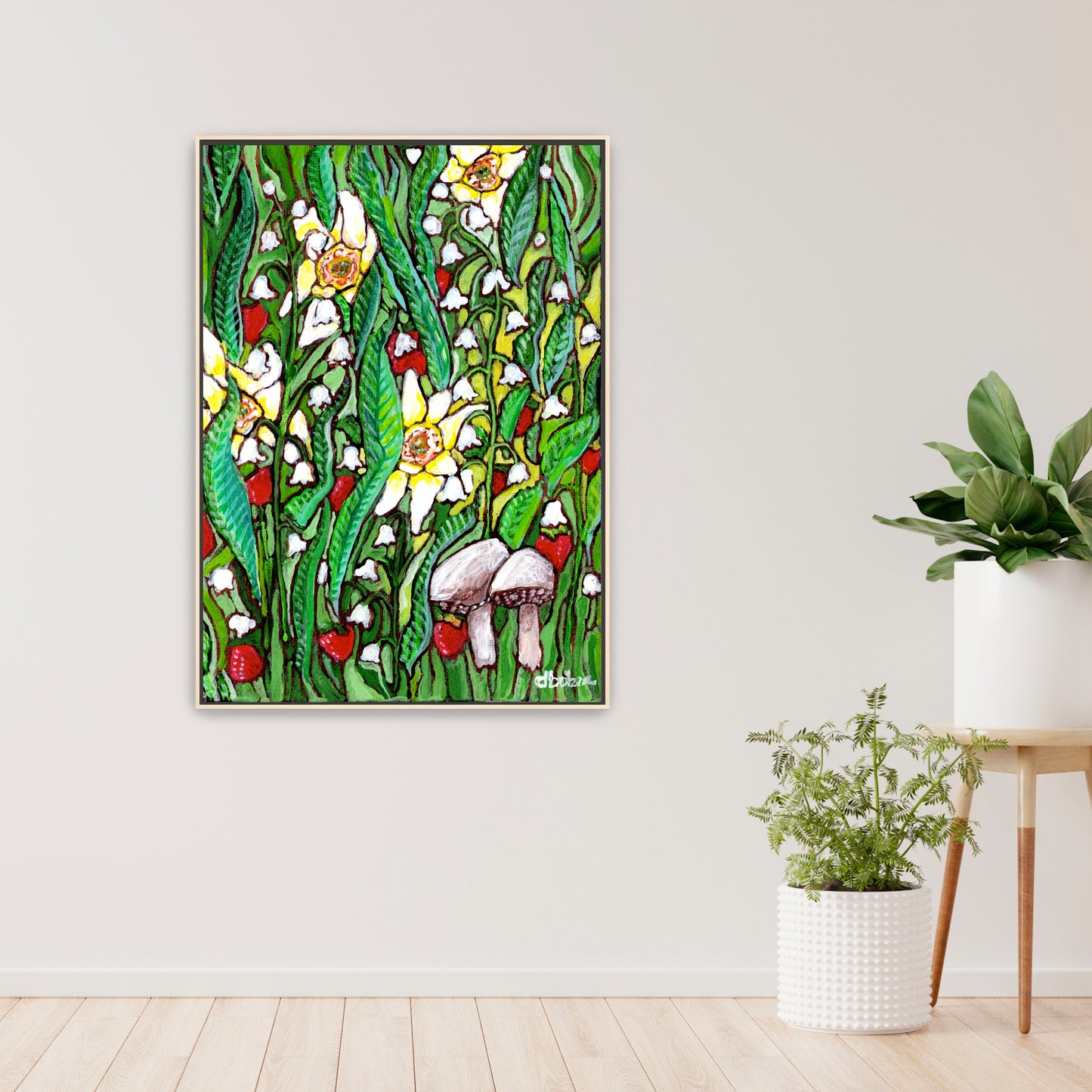 A painting of a summer field with daffodils, Lilly of the valley flowers, strawberries and mushrooms