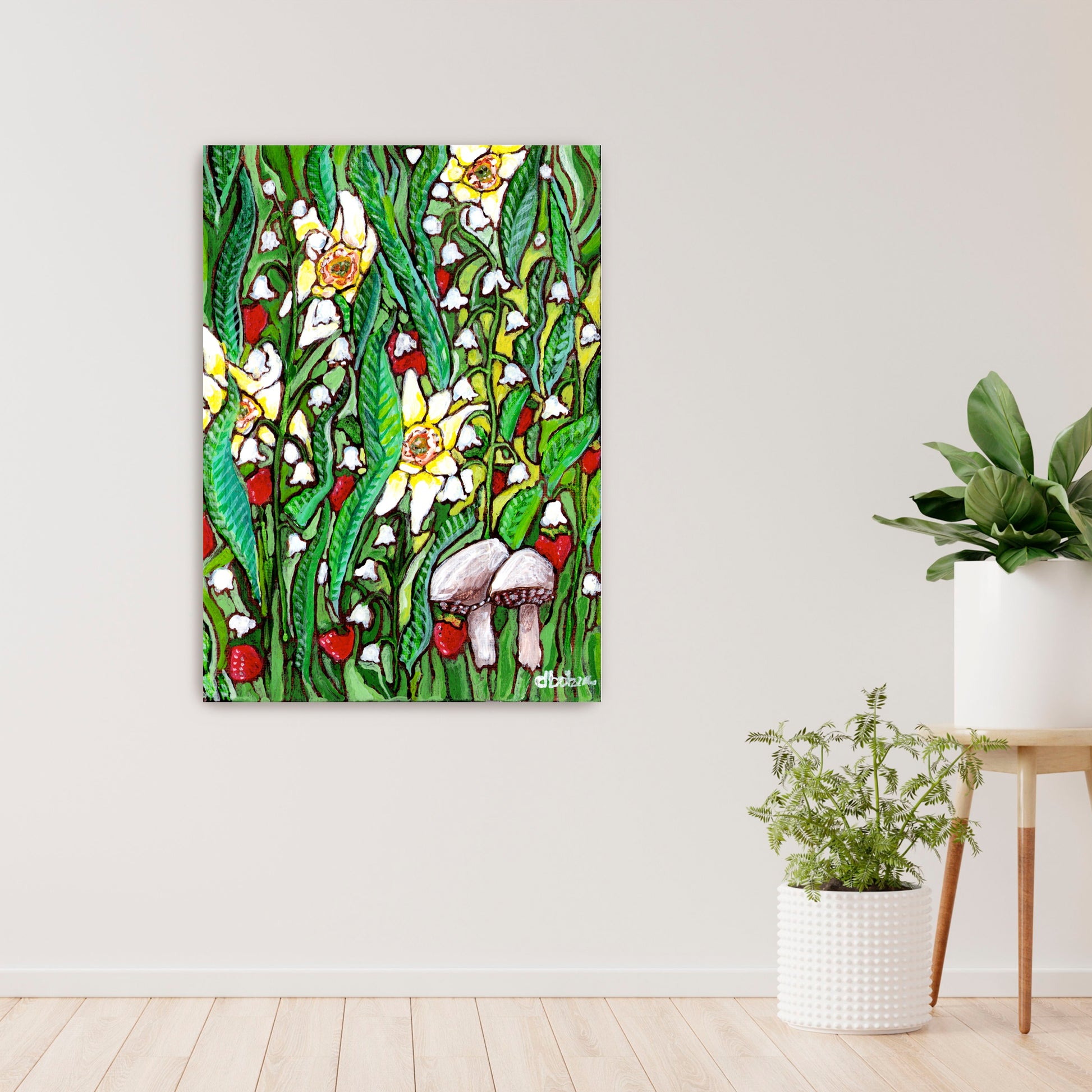 A painting of a summer field with daffodils, Lilly of the valley flowers, strawberries and mushrooms