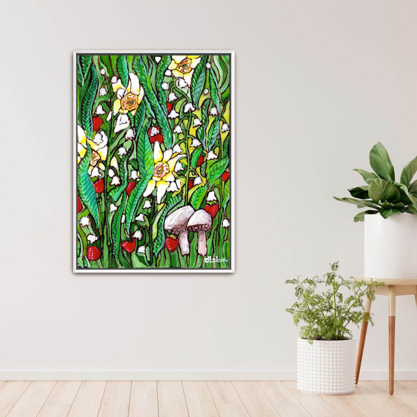 A painting of a summer field with daffodils, Lilly of the valley flowers, strawberries and mushrooms
