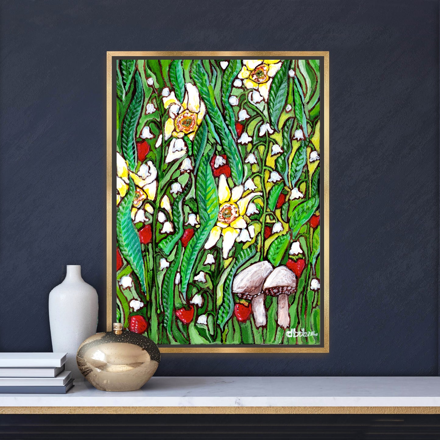 A painting of a summer field with daffodils, Lilly of the valley flowers, strawberries and mushrooms