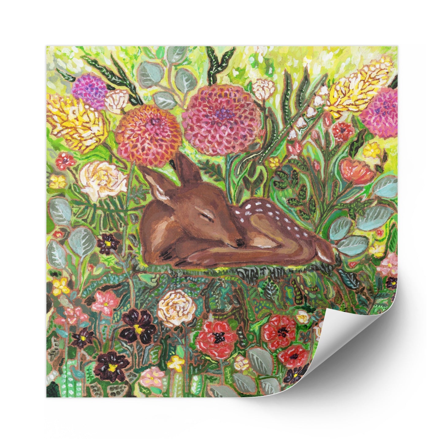 Colorful artwork of a deer among flowers on a white background from Michigan Artist Deb Baker