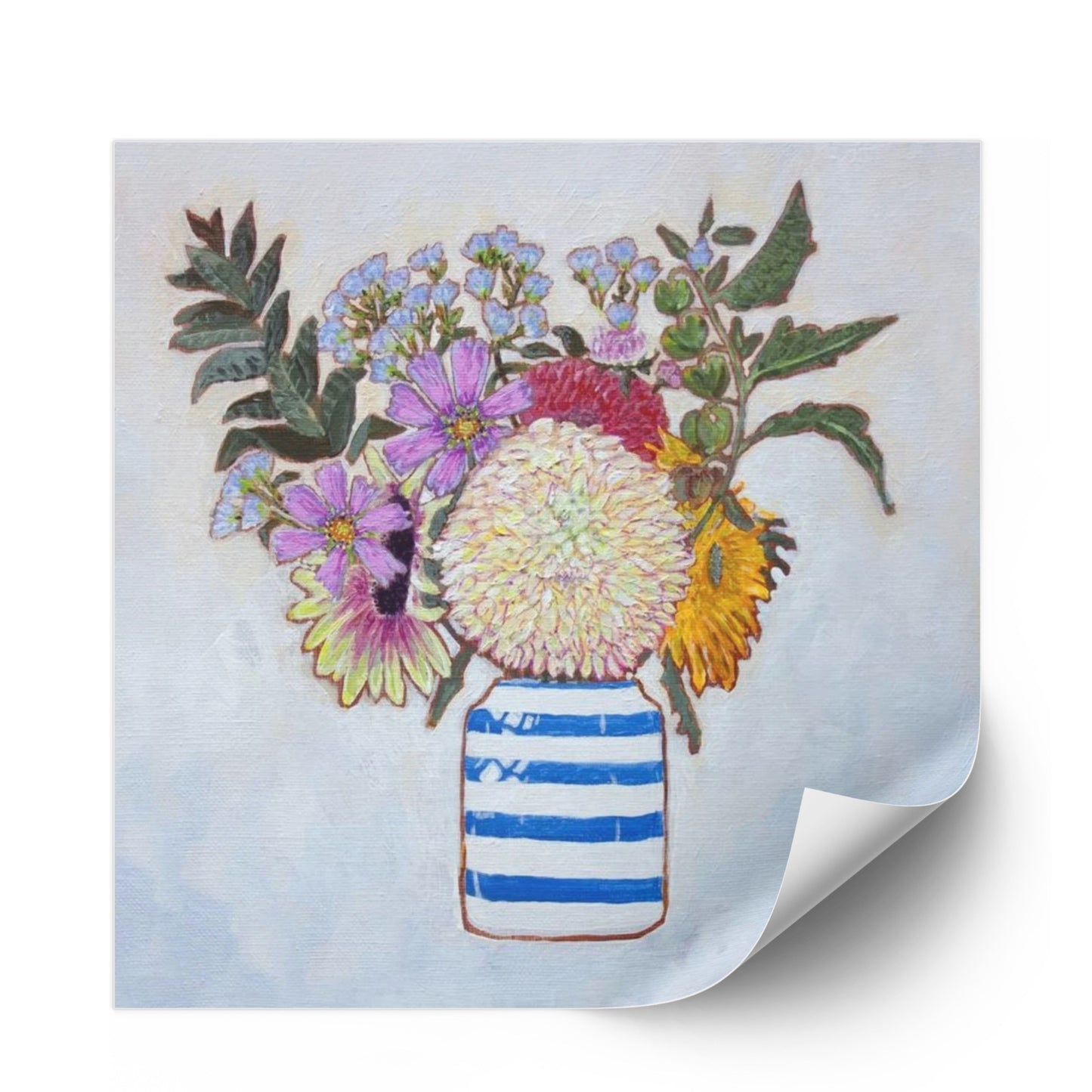 A whimsical and colorful painting of dahlias and wildflowers in a blue and white striped vase.