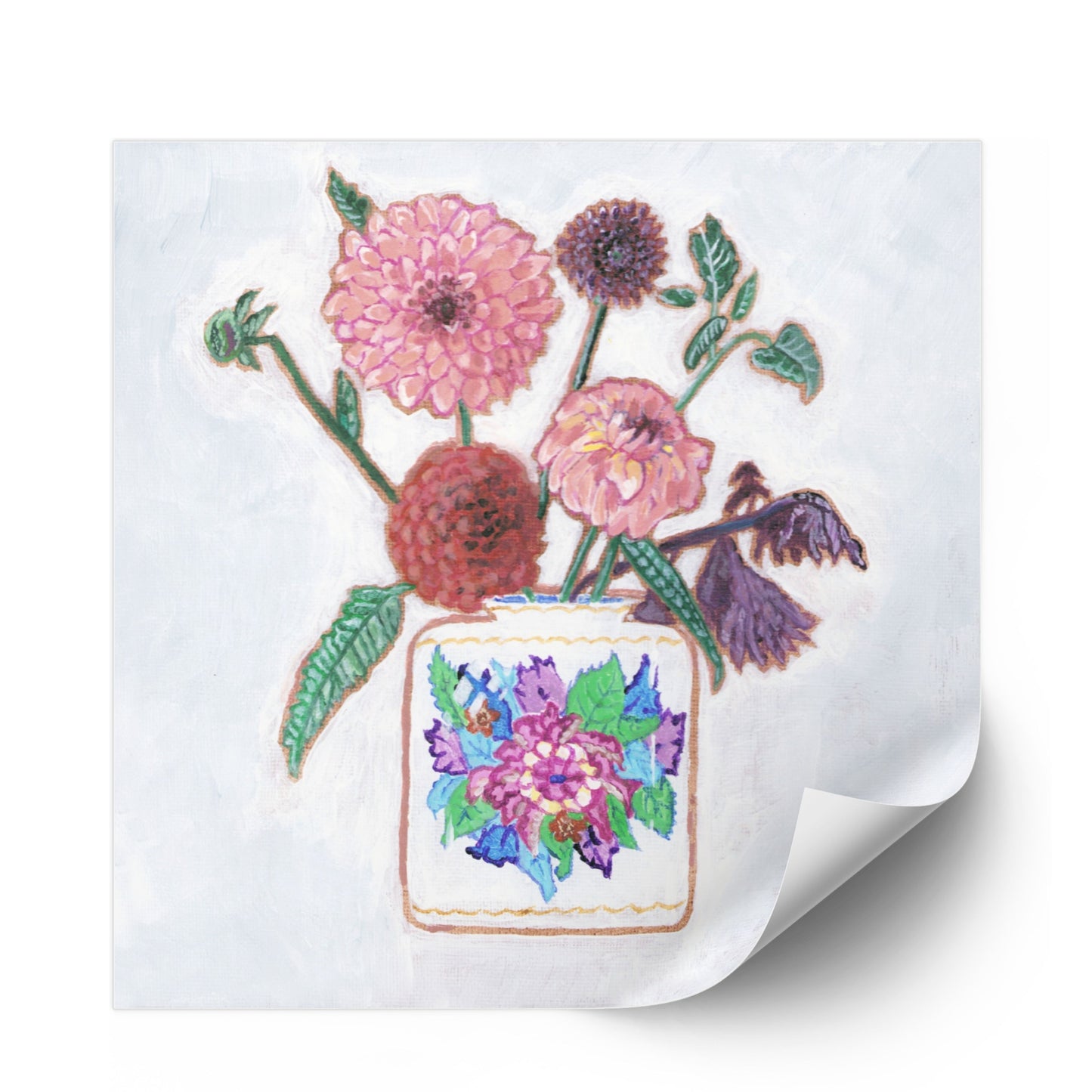 Vibrant dahlias bloom from a classic tobacco leaf vase, blending bold color, texture, and tradition in a modern still life