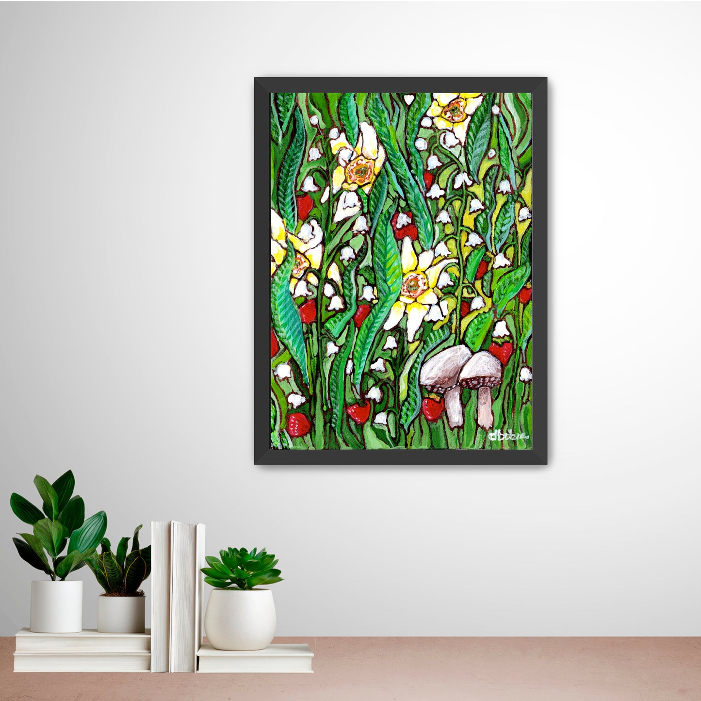 A painting of a summer field with daffodils, Lilly of the valley flowers, strawberries and mushrooms