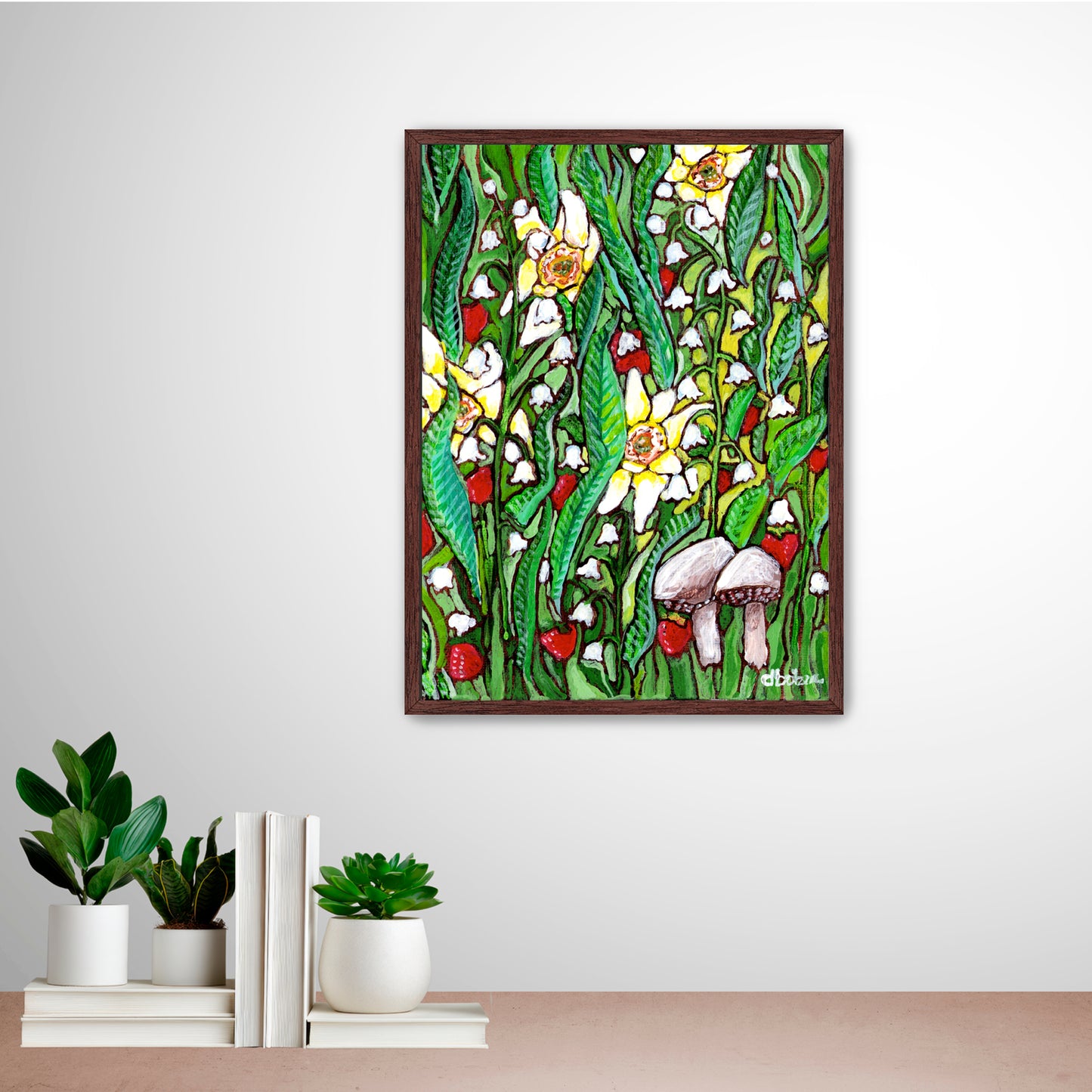 A painting of a summer field with daffodils, Lilly of the valley flowers, strawberries and mushrooms