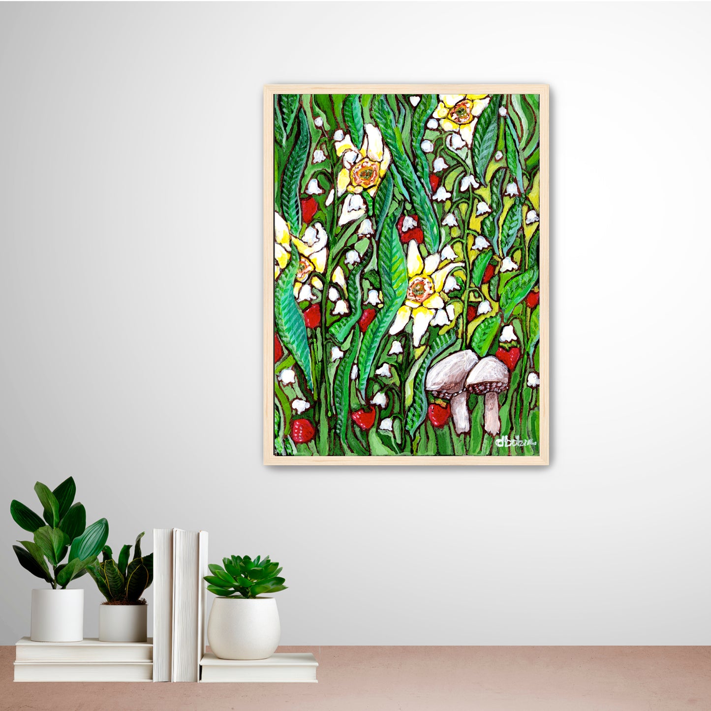 A painting of a summer field with daffodils, Lilly of the valley flowers, strawberries and mushrooms