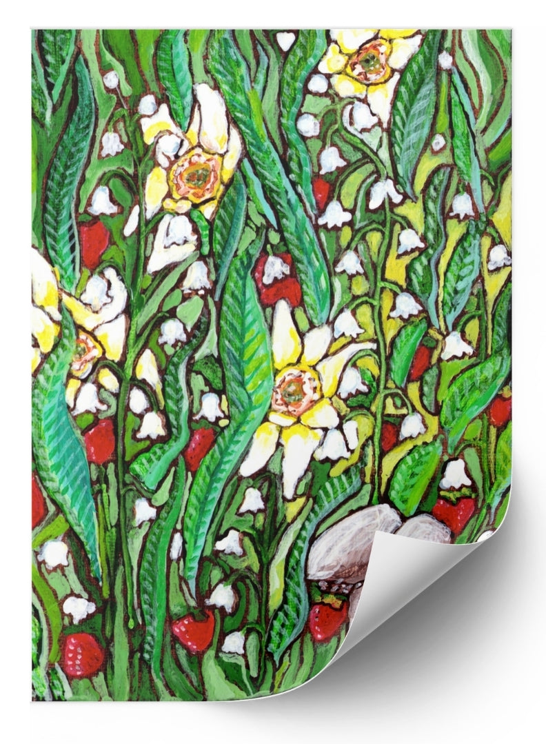 A painting of a summer field with daffodils, Lilly of the valley flowers, strawberries and mushrooms